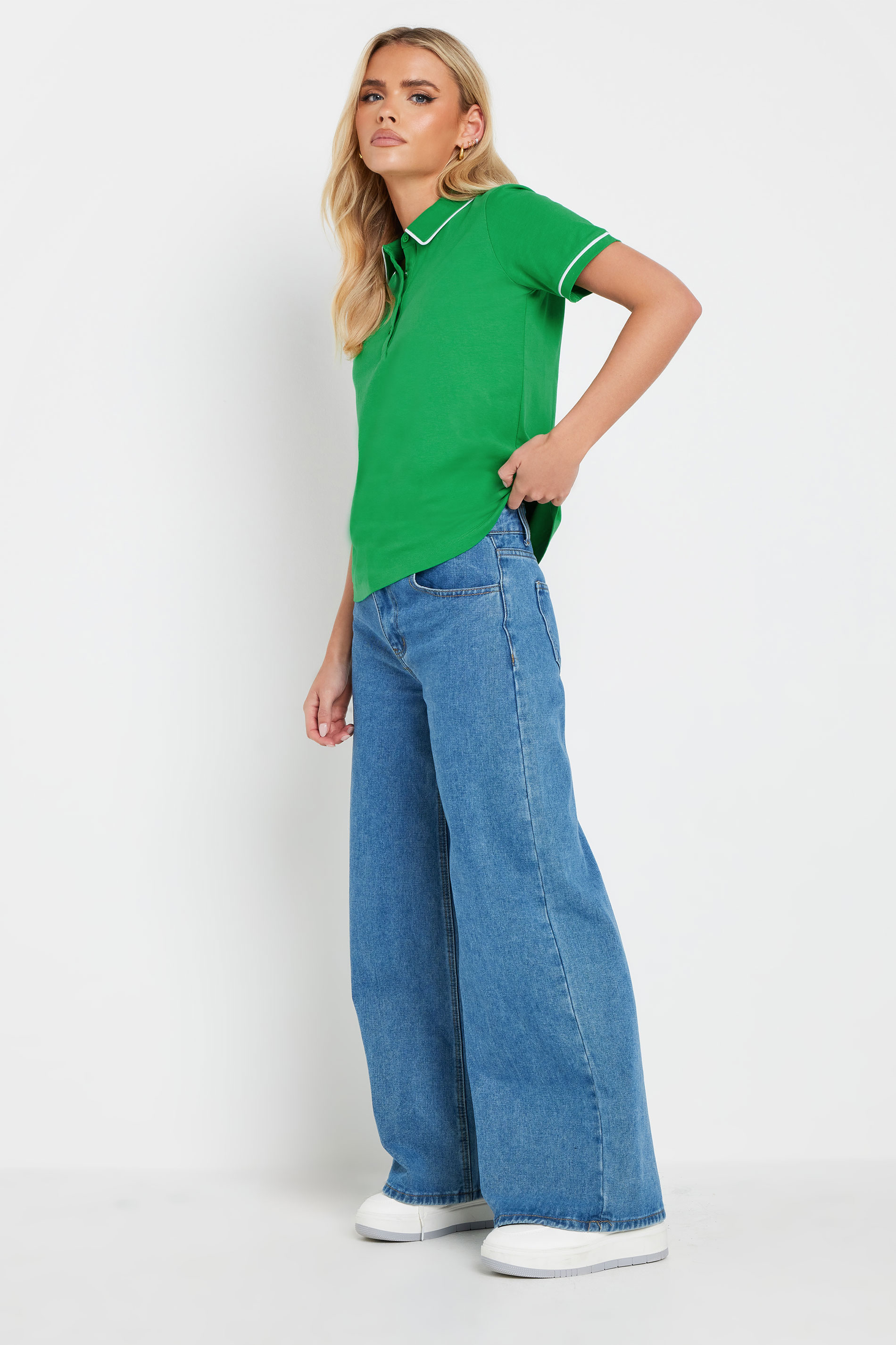 PixieGirl Petite Women's Green Contrast Trim Polo Shirt | PixieGirl 2