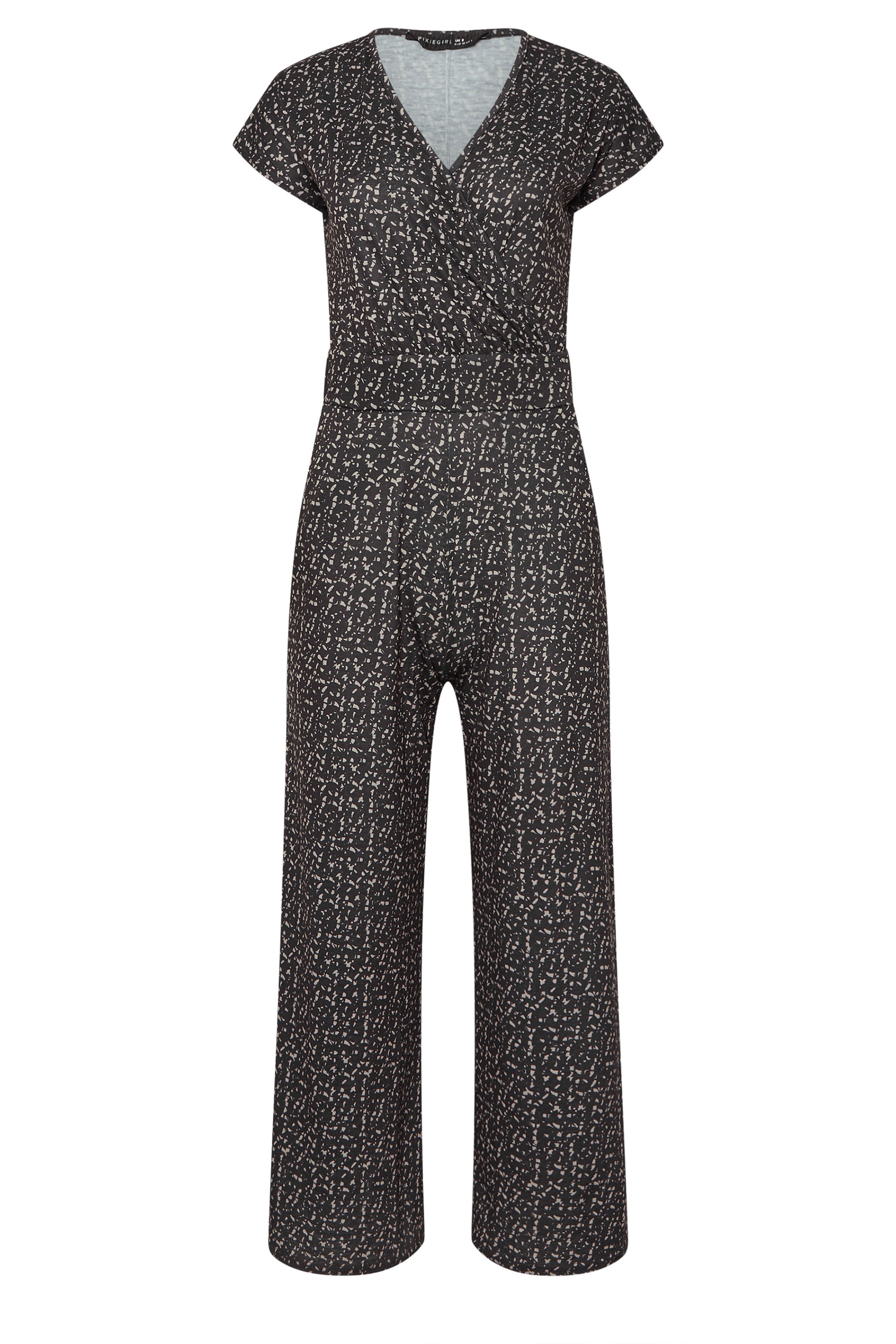 PixieGirl Petite Women's Black Abstract Wrap Wide Leg Jumpsuit | PixieGirl 5