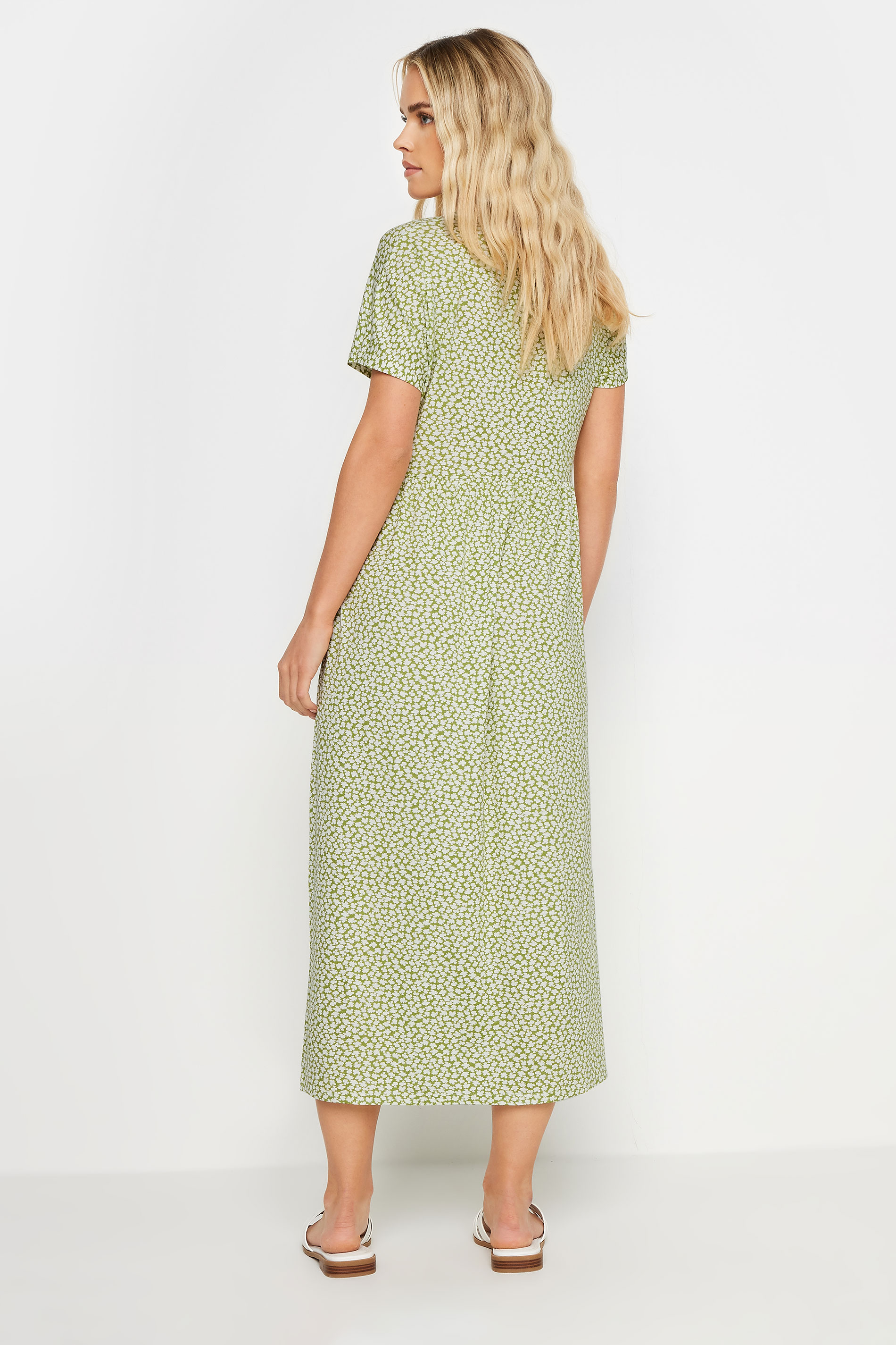 PixieGirl Petite Women's Sage Green Ditsy Floral Print Midi Smock Dress | PixieGirl 3