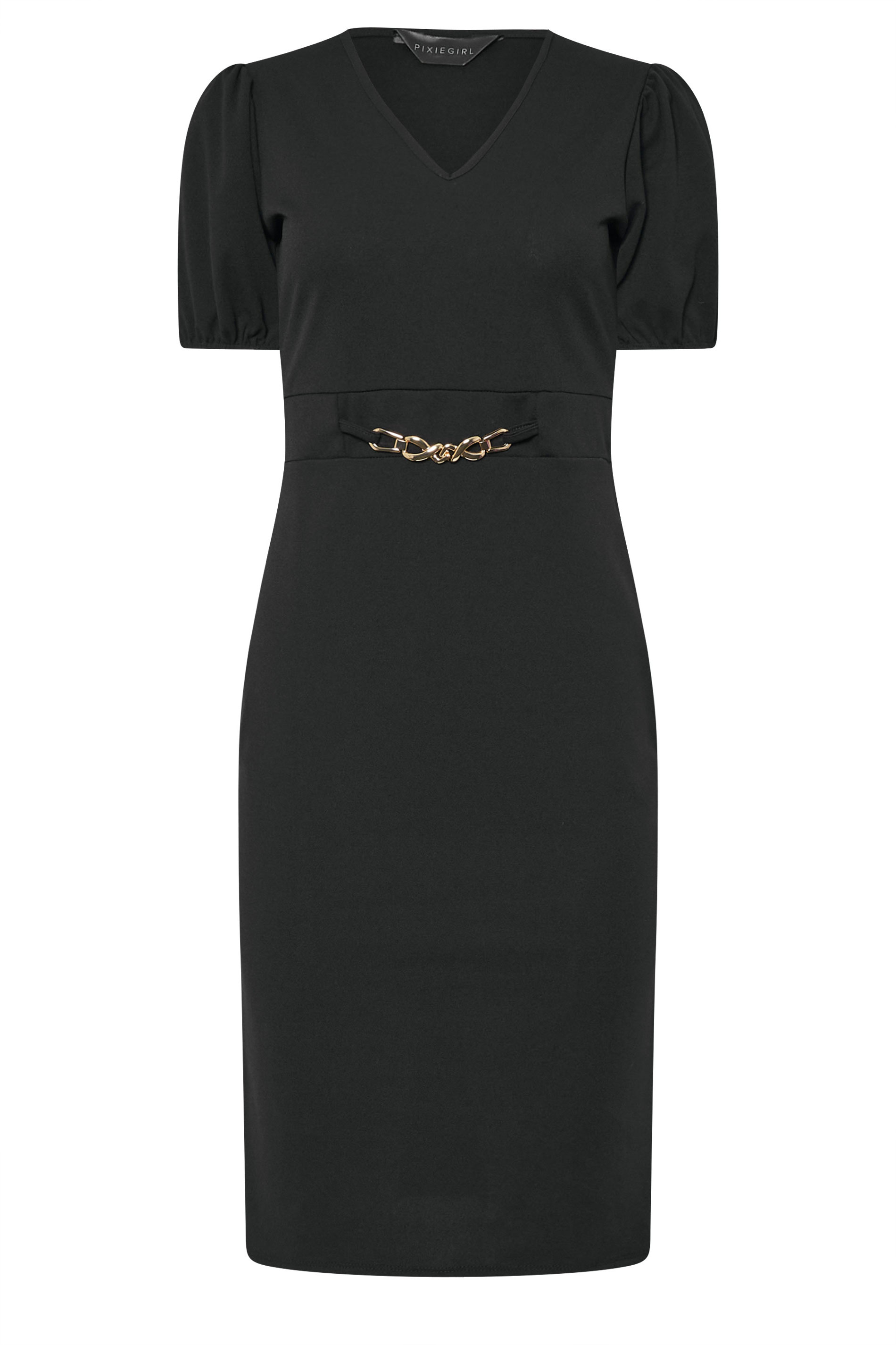 PixieGirl Petite Women's Black Scuba Chain Buckle Dress | PixieGirl 5