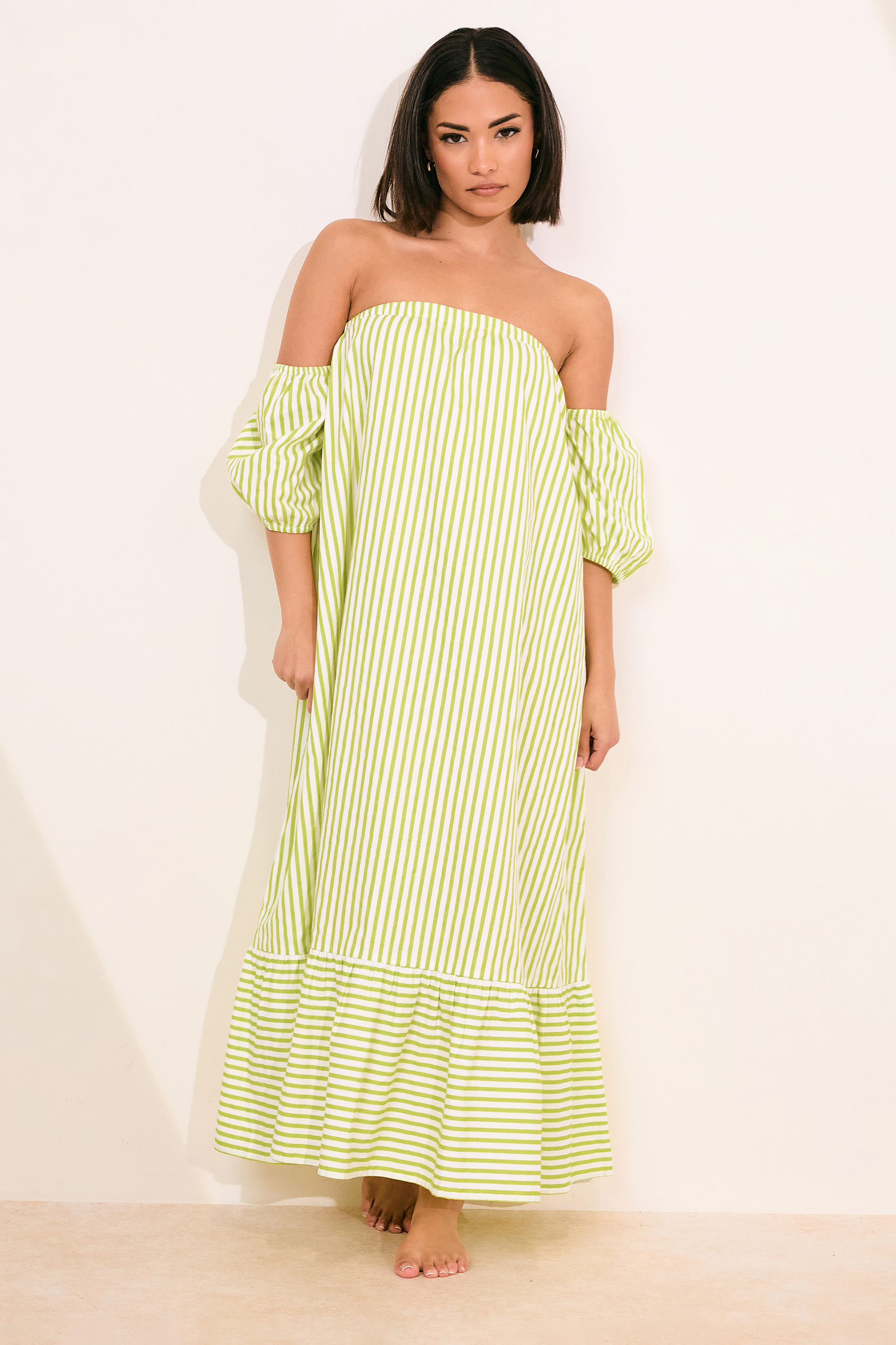 PixieGirl Petite Women's Lime Green Stripe Bardot Midaxi Dress | PixieGirl 3