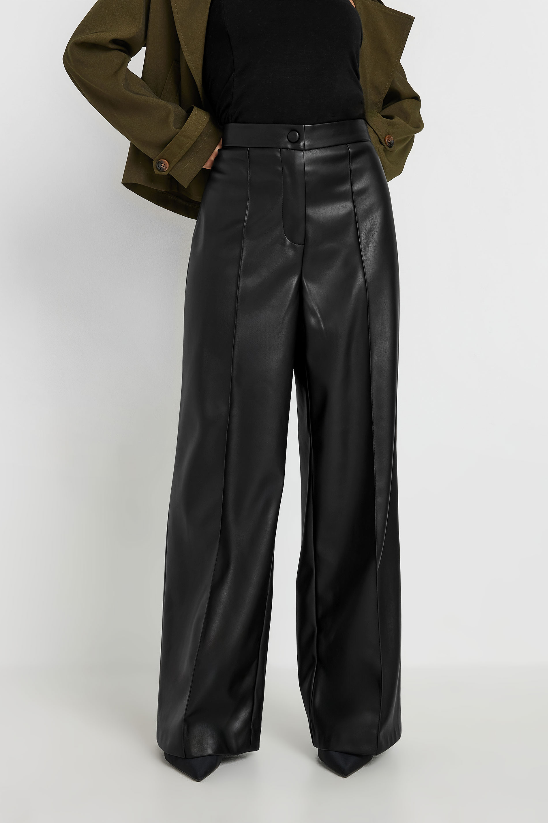 PixieGirl Petite Women's Black Faux Leather Wide Leg Trousers | PixieGirl 3