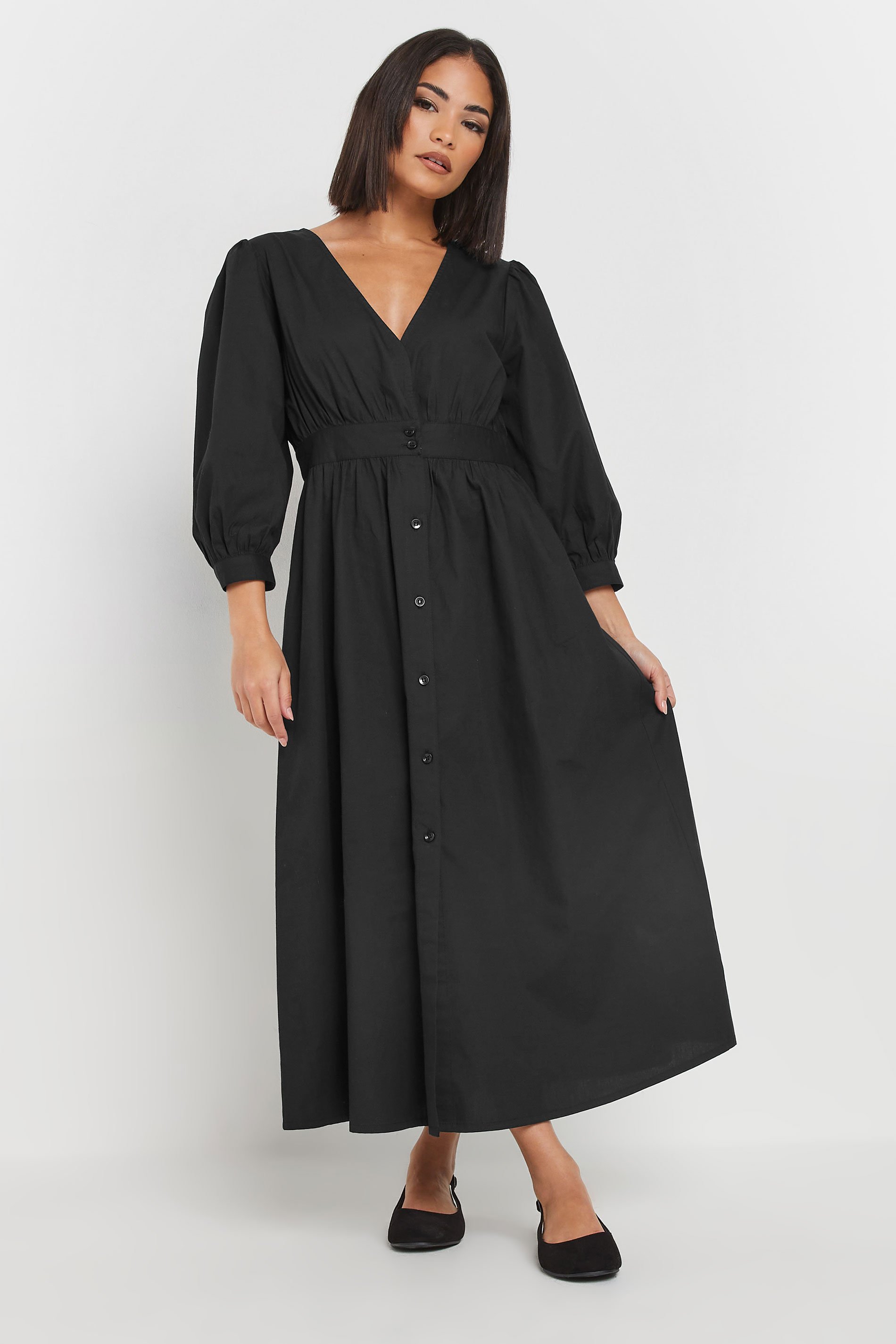 PixieGirl Petite Women's Black Button Midi Dress | PixieGirl 1