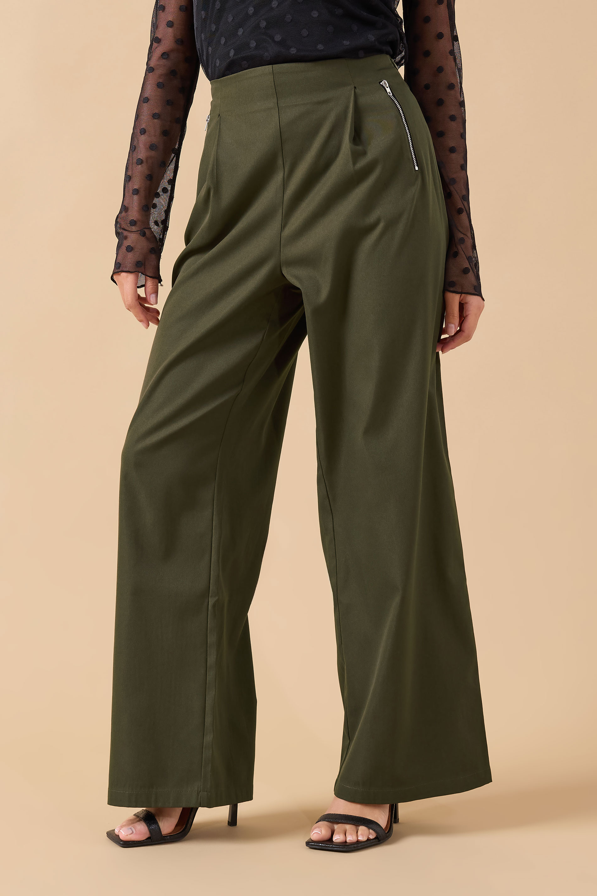 PixieGirl Petite Women's Khaki Green Zip Pleated Trousers | PixieGirl 2