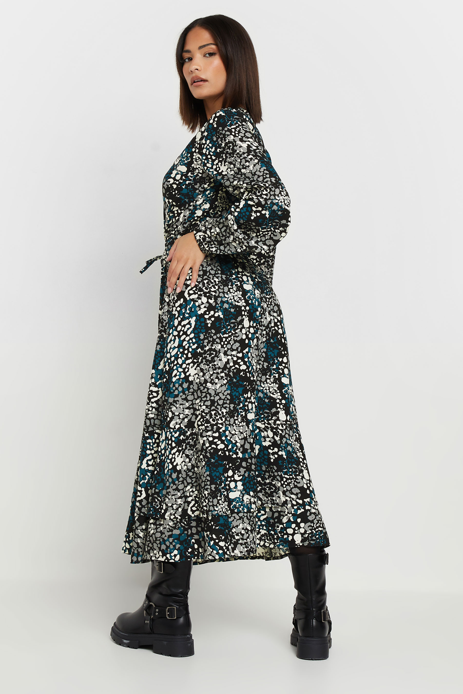 PixieGirl Petite Women's Blue Woven Abstract Tie Waist Midaxi Dress | PixieGirl 3
