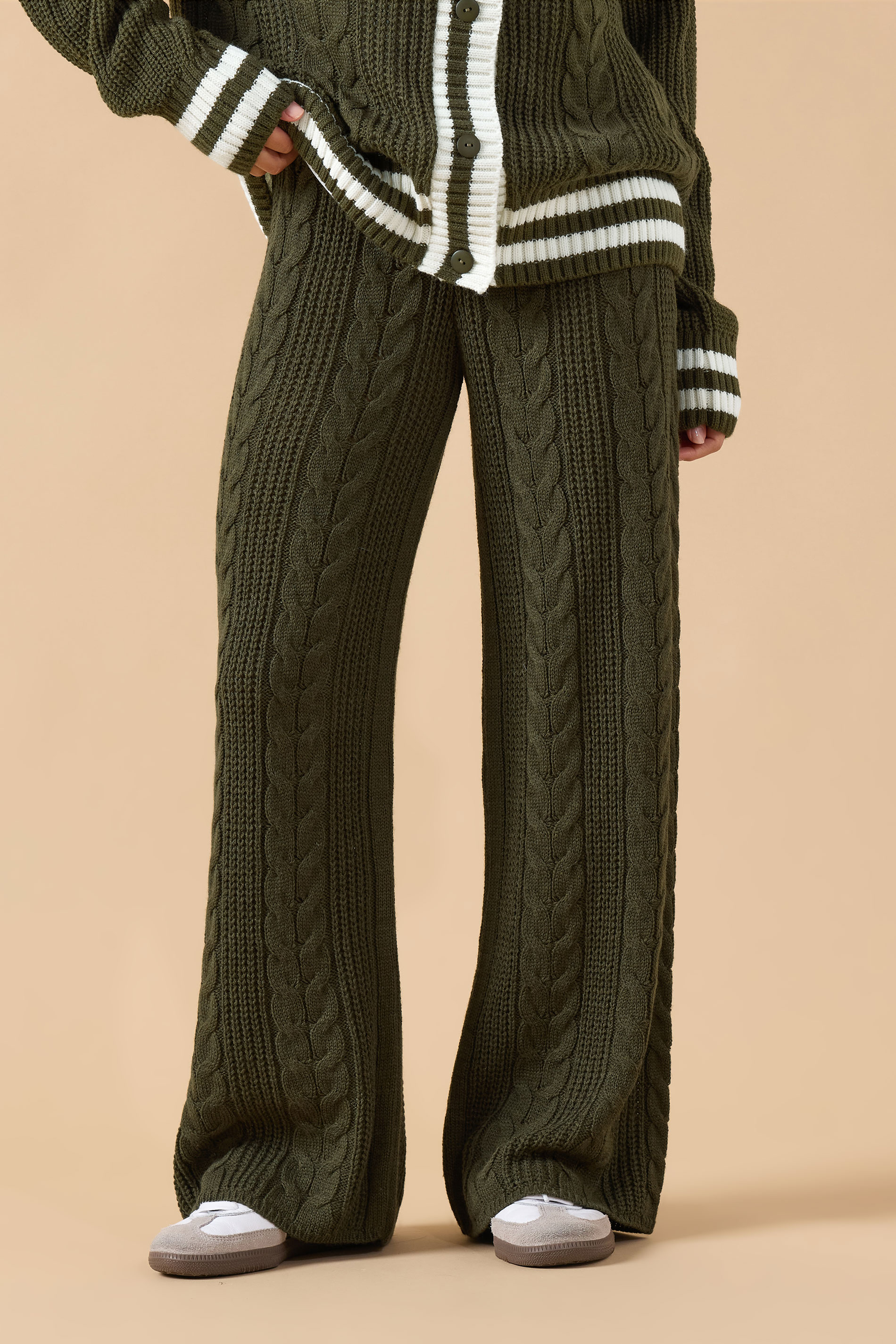 PixieGirl Petite Women's Khaki Green Cable Knit Trousers | PixieGirl 2