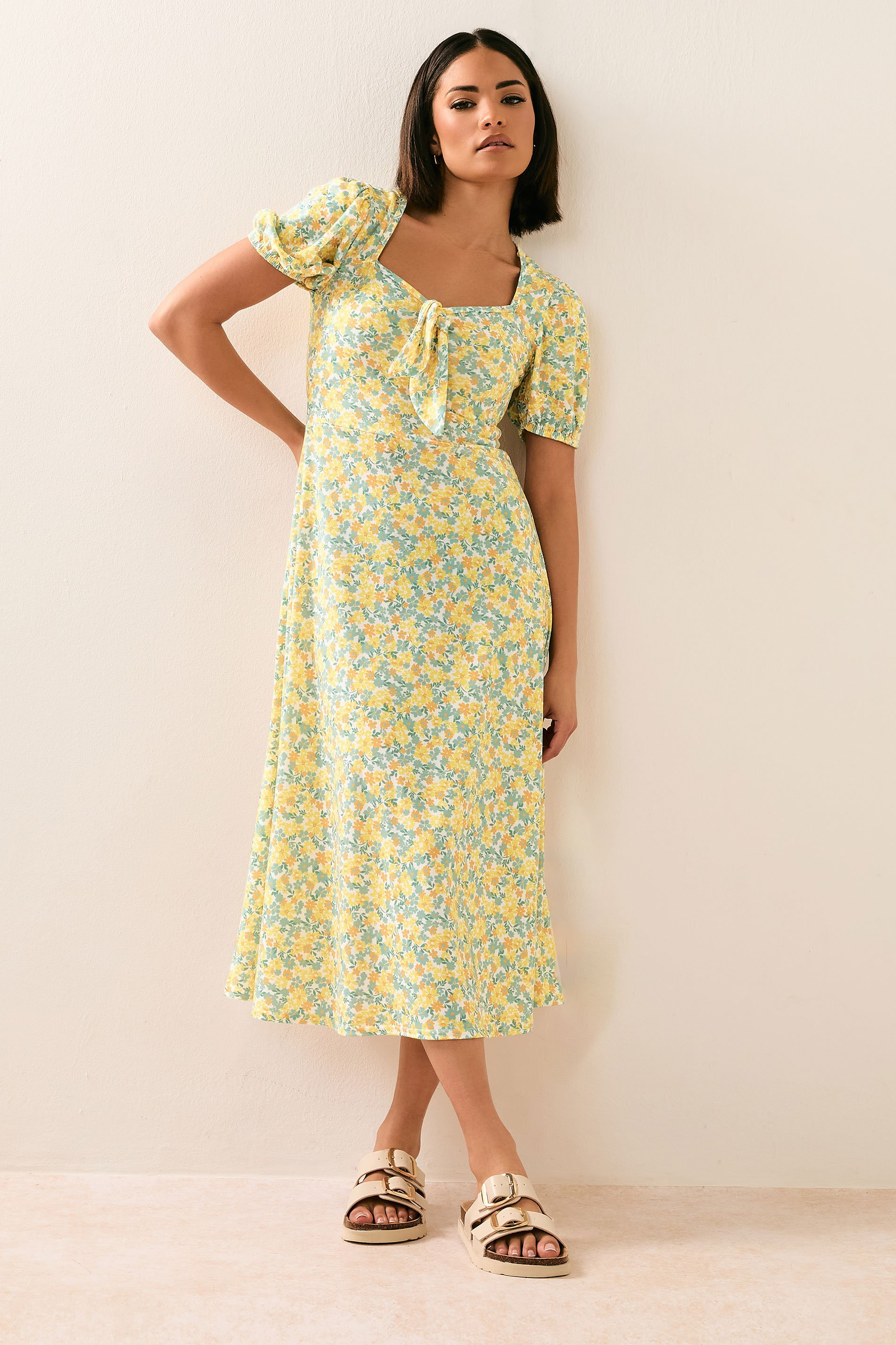 PixieGirl Petite Women's Yellow Ditsy Floral Tie Front Midi Dress | PixieGirl 1