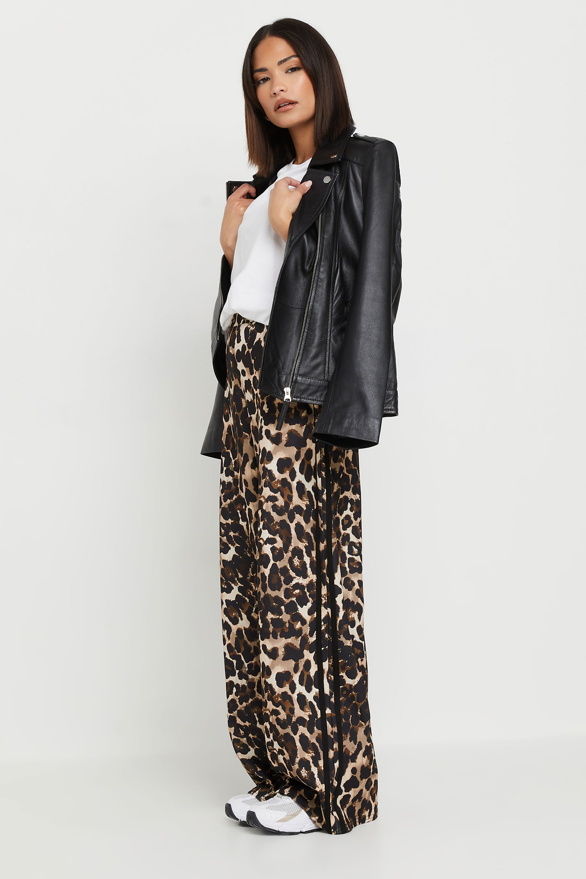 PixieGirl Petite Women's Beige Brown Leopard Print Side Stripe Trousers | PixieGirl 4