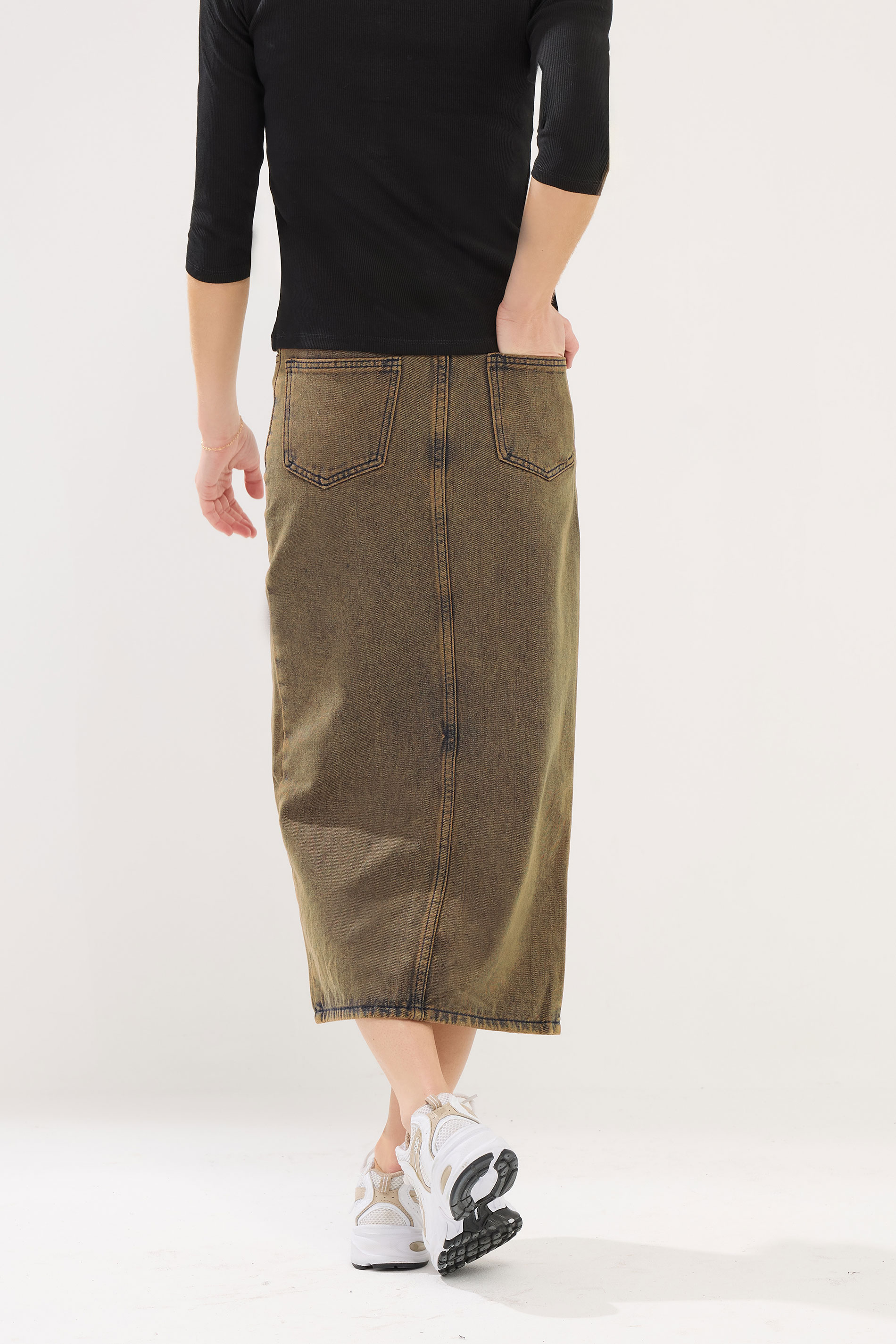 PixieGirl Petite Women's Brown Acid Wash Midi Skirt | PixieGirl 3