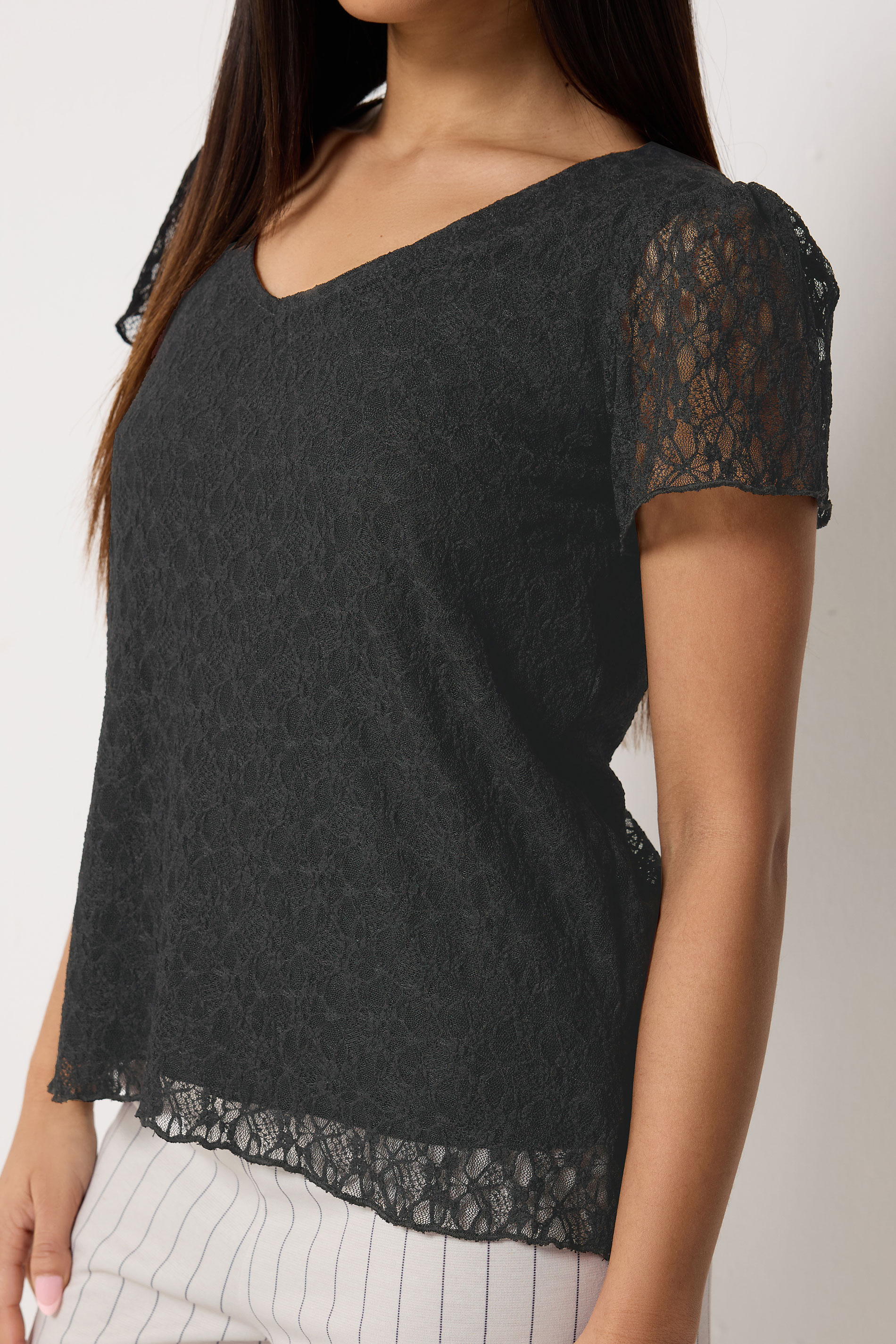 M&Co Petite Black Lace Short Sleeve V-Neck Top | M&Co 4