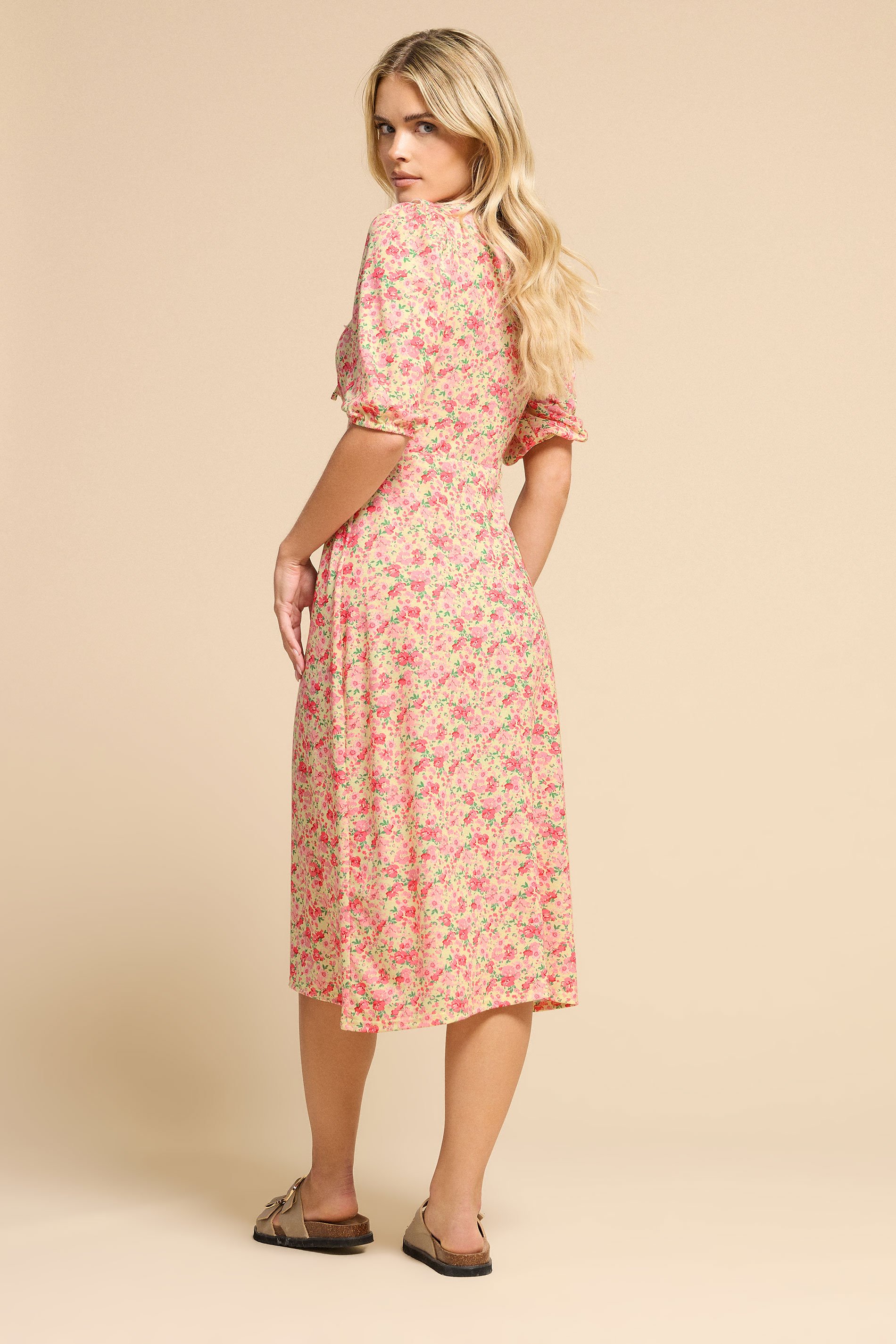 PixieGirl Petite Women's Pink Ditsy Floral Frill Tie Midi Dress | PixieGirl 4