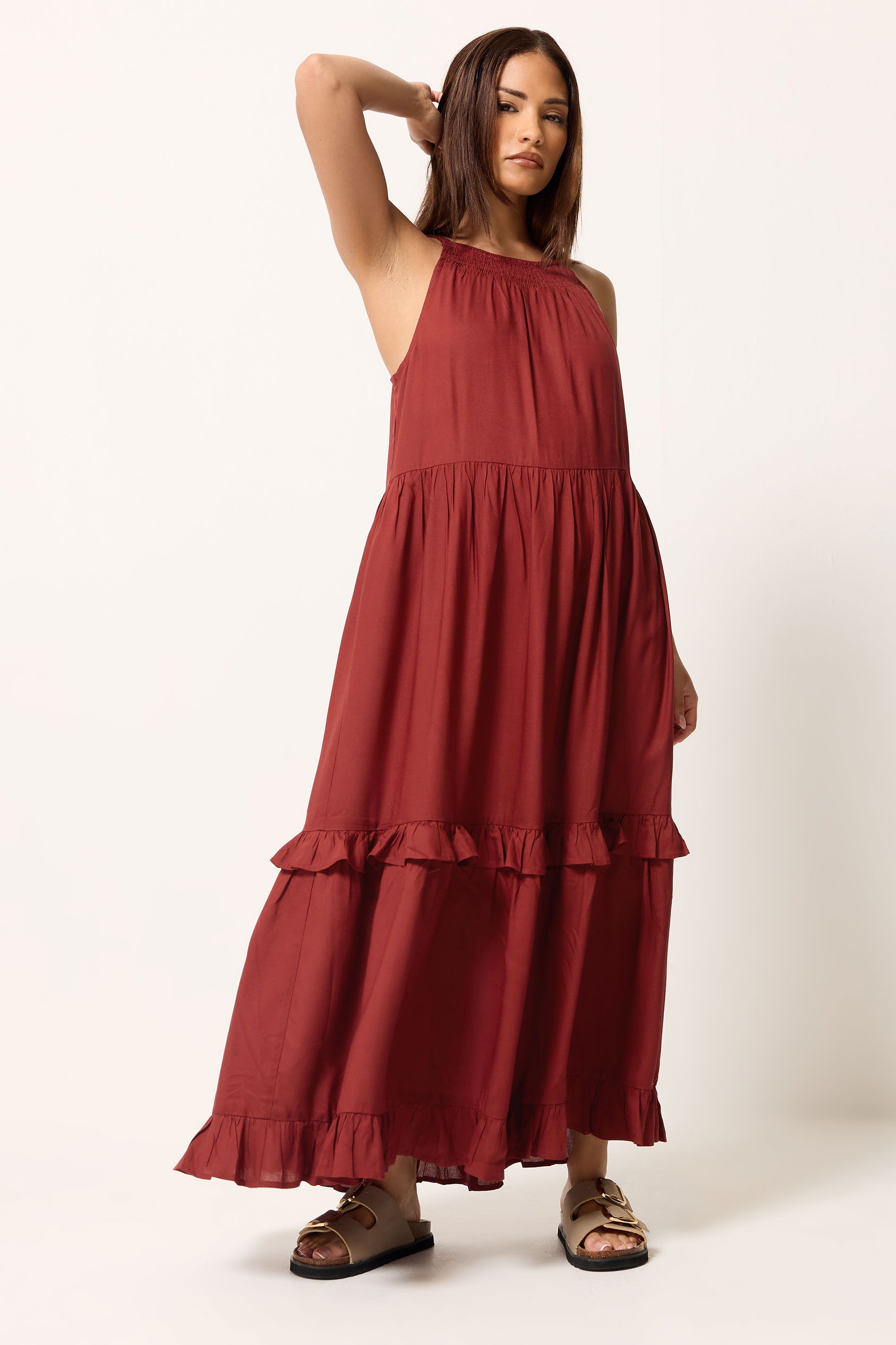 PixieGirl Petite Women's Red Halter Neck Tiered Maxi Dress | PixieGirl 3