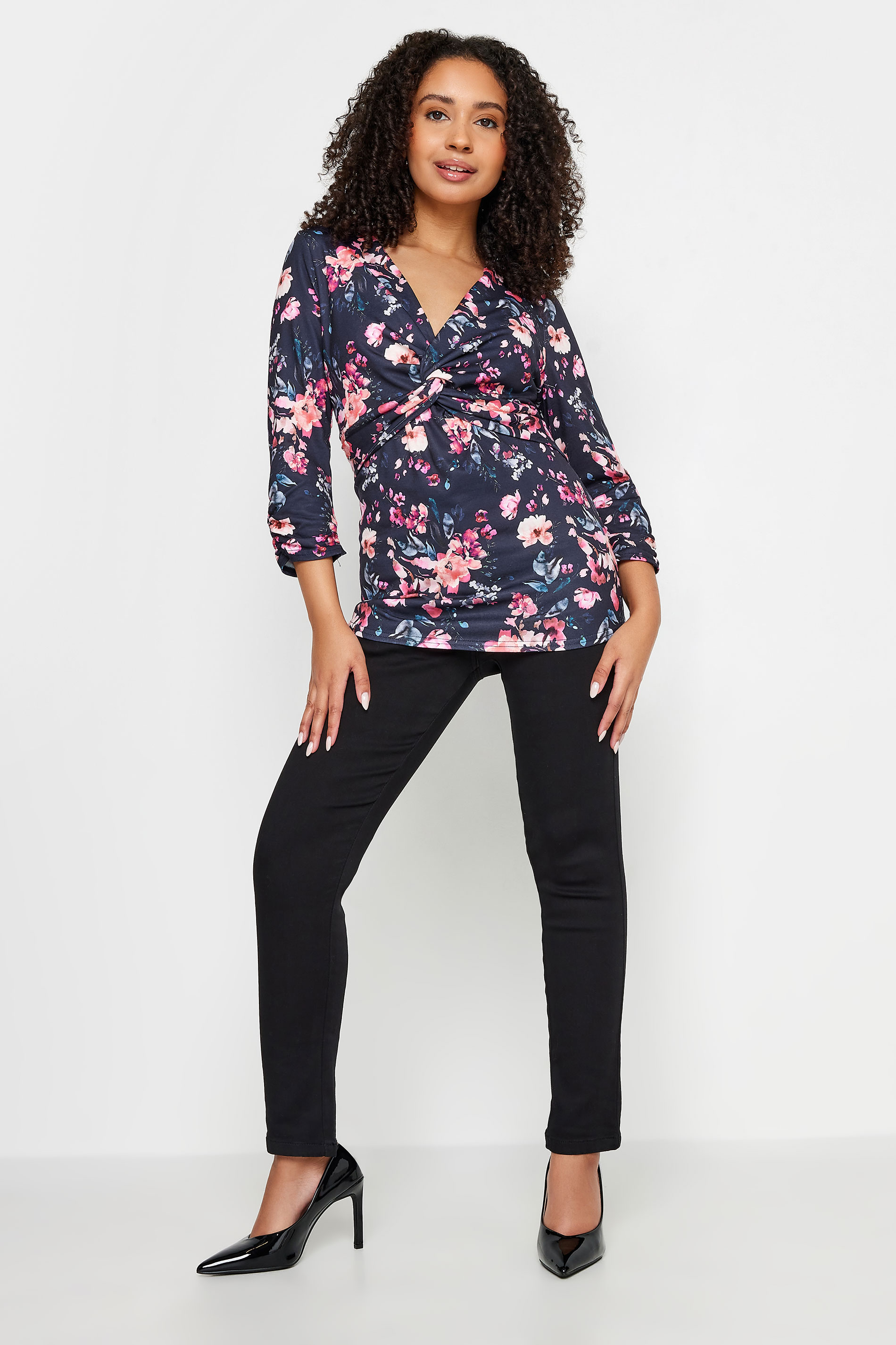 M&Co Petite Navy Blue Floral Twist Front Top | M&Co 1