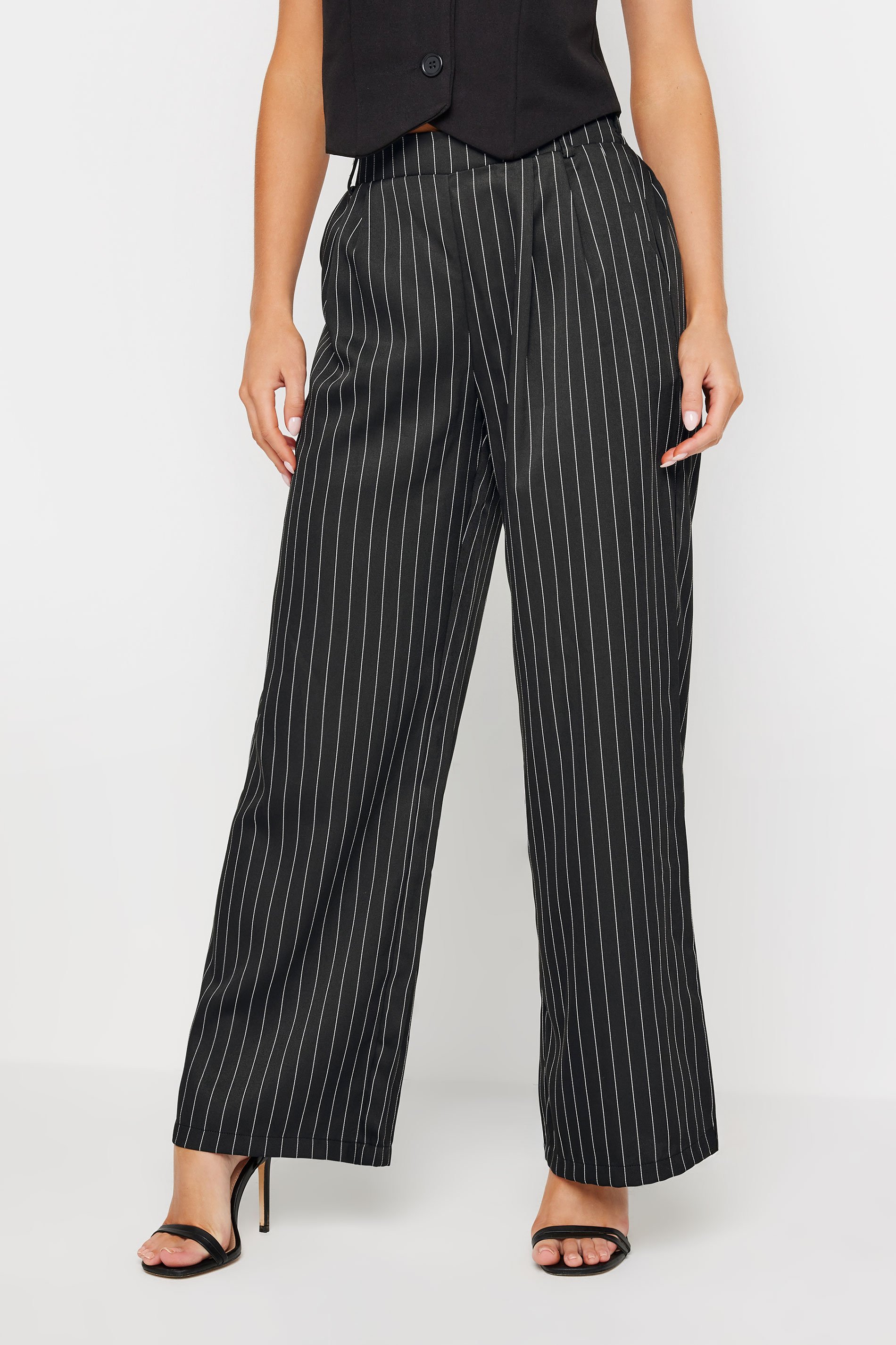 PixieGirl Petite Womens Black Pinstripe Print Wide Leg Trousers | PixieGirl 2