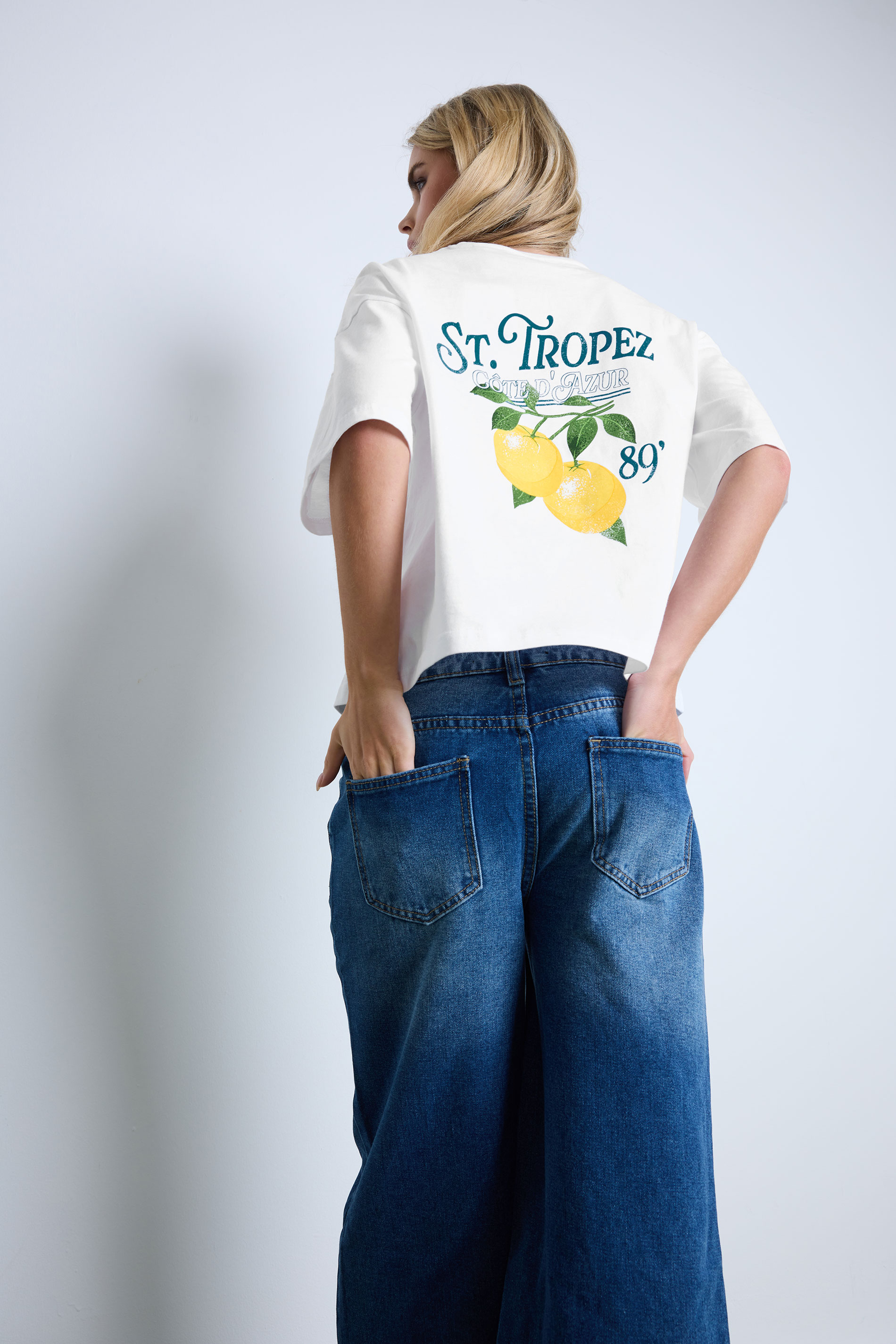 PixieGirl Petite Women's White 'St Tropez' Lemon Back Graphic T-Shirt | PixieGirl 1