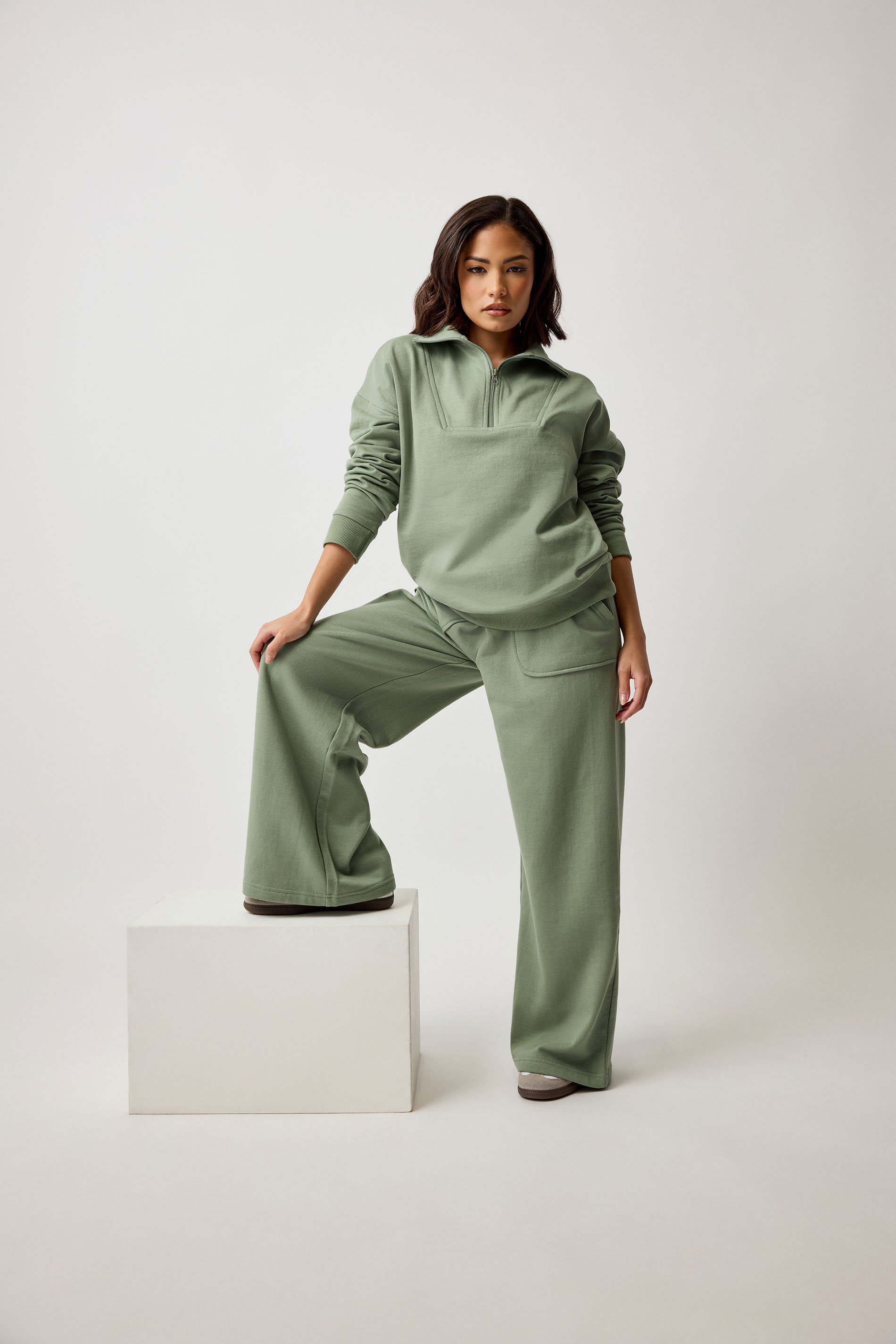 PixieGirl Petite Women's Sage Green Pocket Patch Wide Leg Joggers | PixieGirl 1