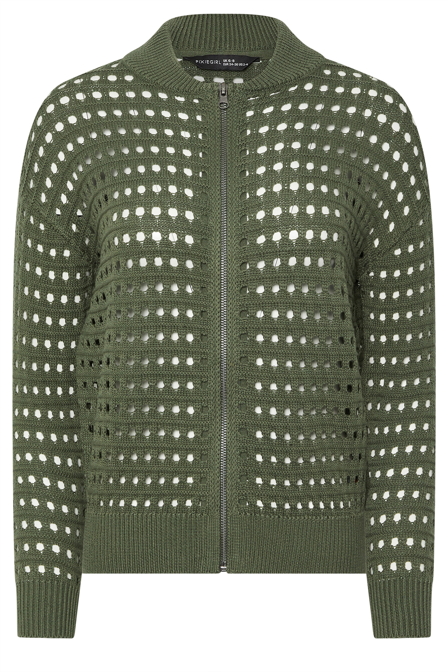 PixieGirl Petite Women's Khaki Green Crochet Knit Bomber Jacket | PixieGirl 5