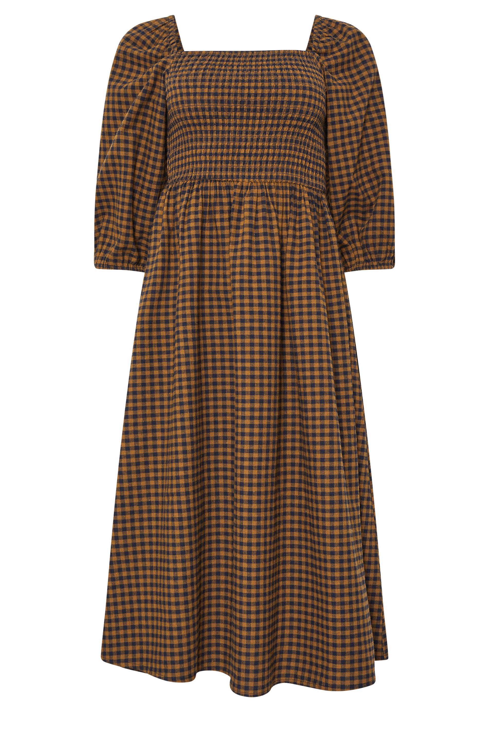 PixieGirl Petite Women's Brown Gingham Puff Sleeve Midi Dress | PixieGirl 7
