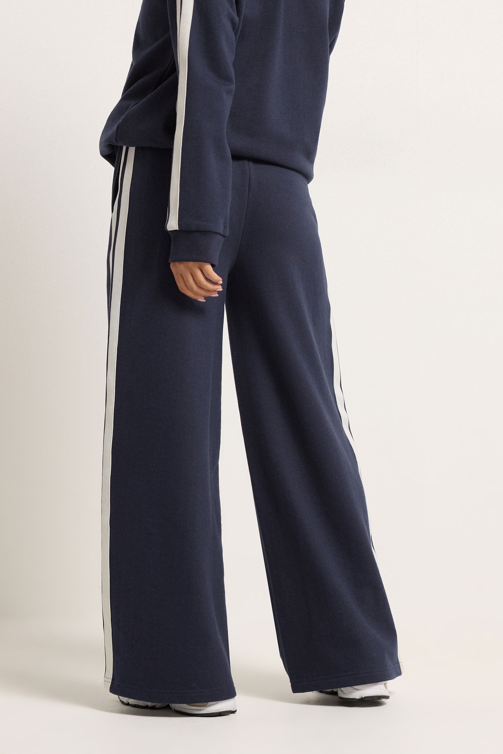 PixieGirl Petite Women's Navy Blue Stripe Wide Leg Joggers | PixieGirl 2