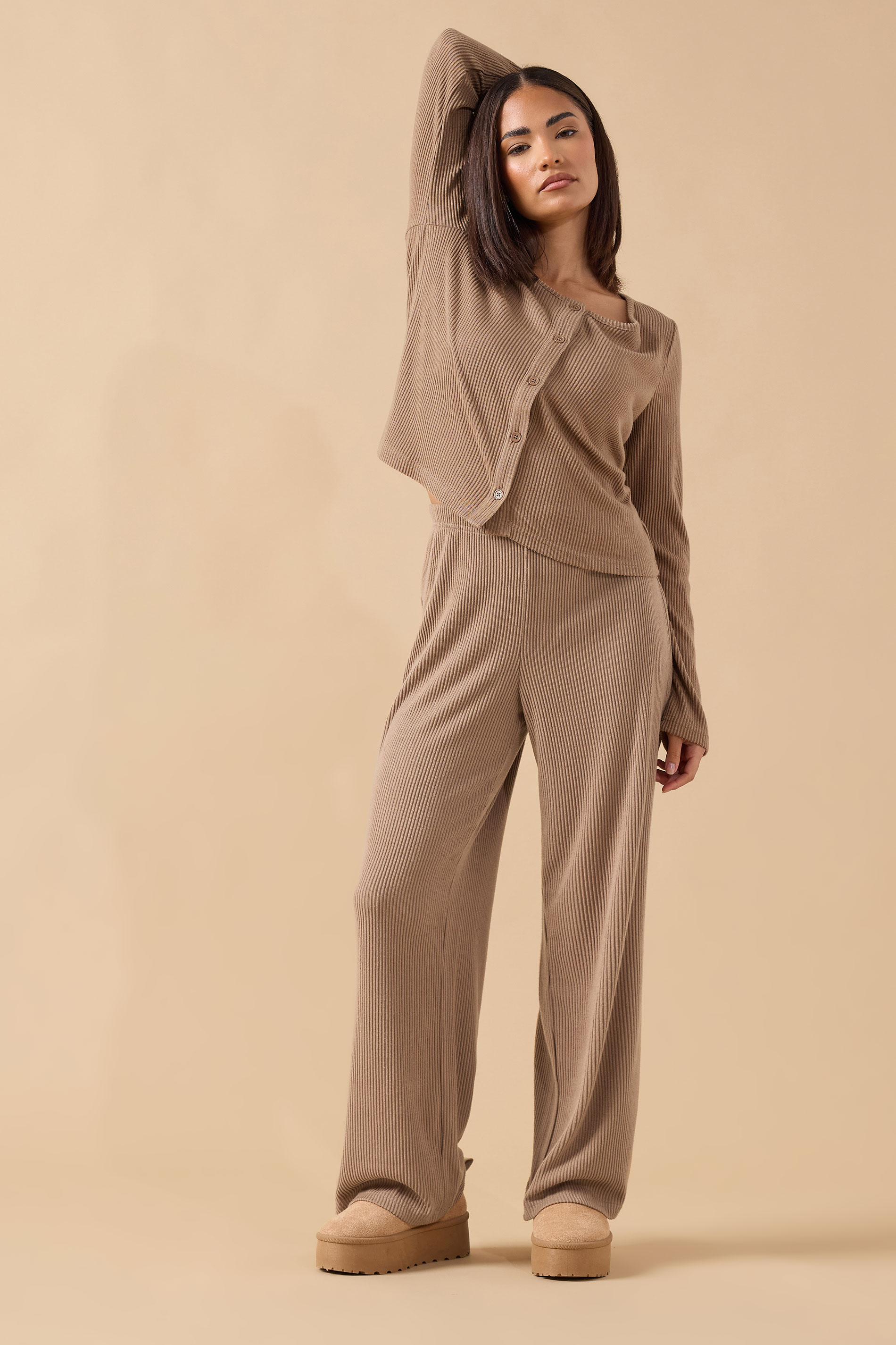 PixieGirl Petite Women's Camel Brown Ribbed Wide Leg Trousers | PixieGirl 2