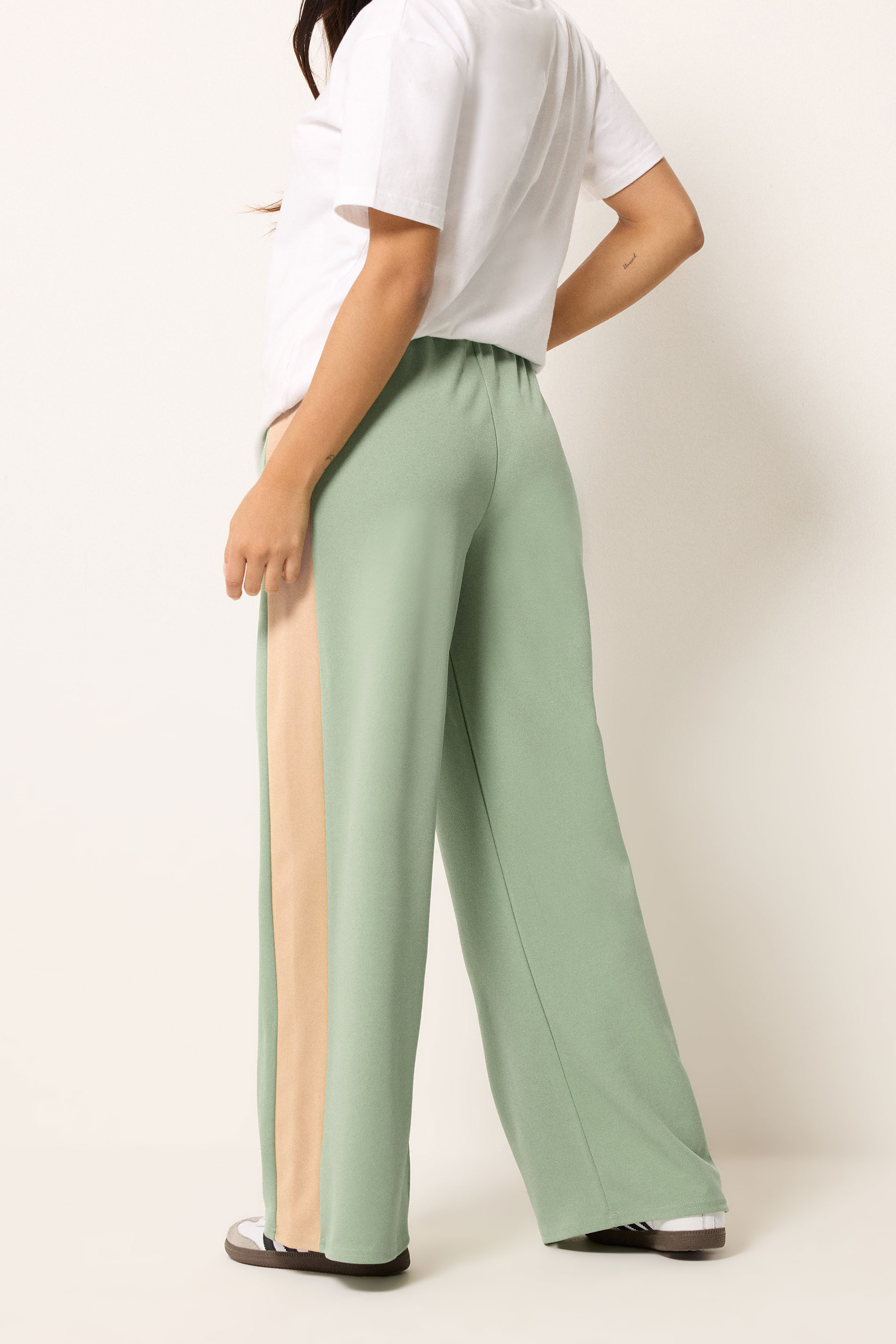 PixieGirl Petite Women's Sage Green Side Stripe Scuba Wide Leg Trousers | PixieGirl 2