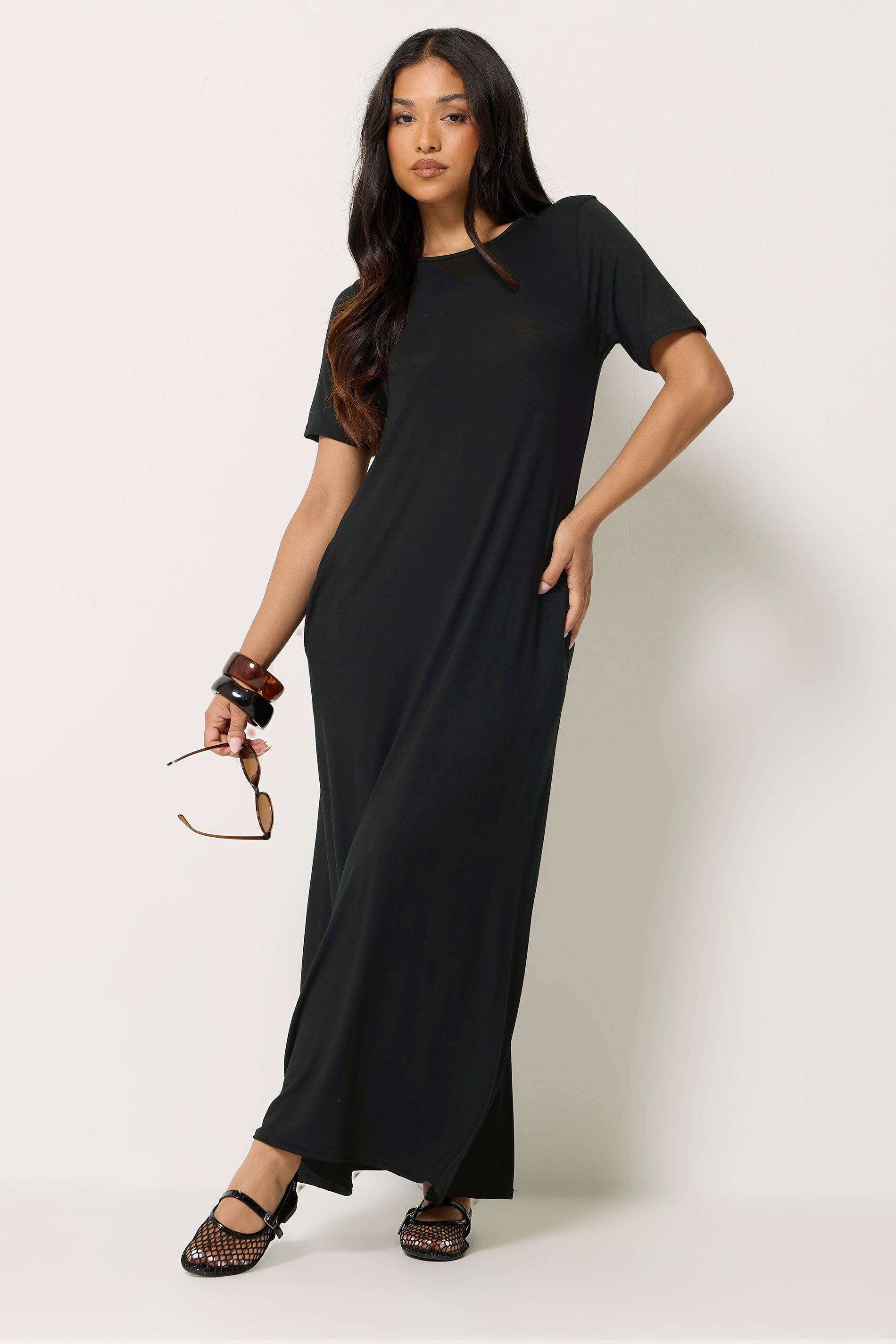 Pixiegirl Women's Black Petite Short Sleeve Tshirt Maxi Dress Size 14