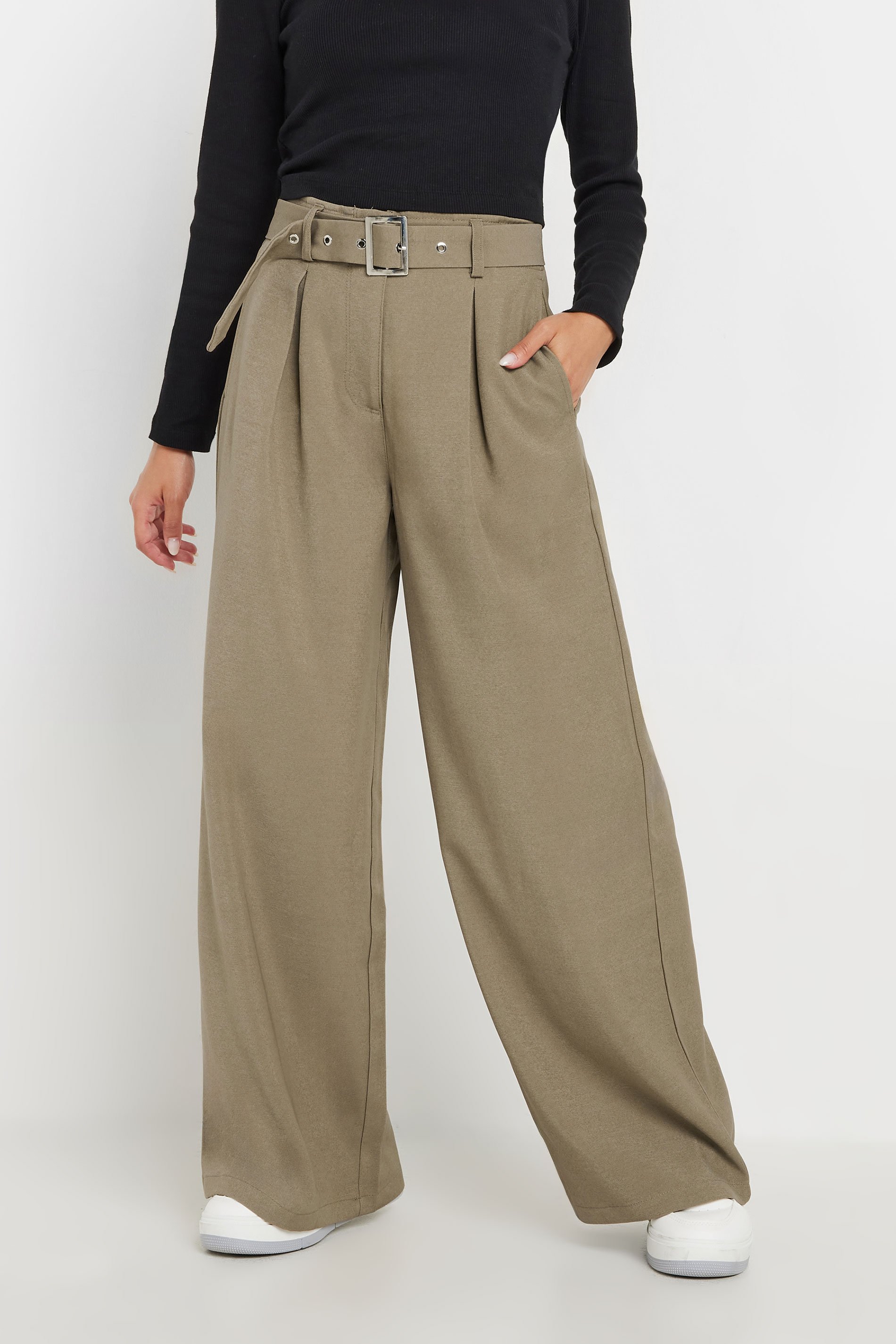 PixieGirl Petite Womens Moacha Brown Wide Leg Belted Trousers | PixieGirl 2