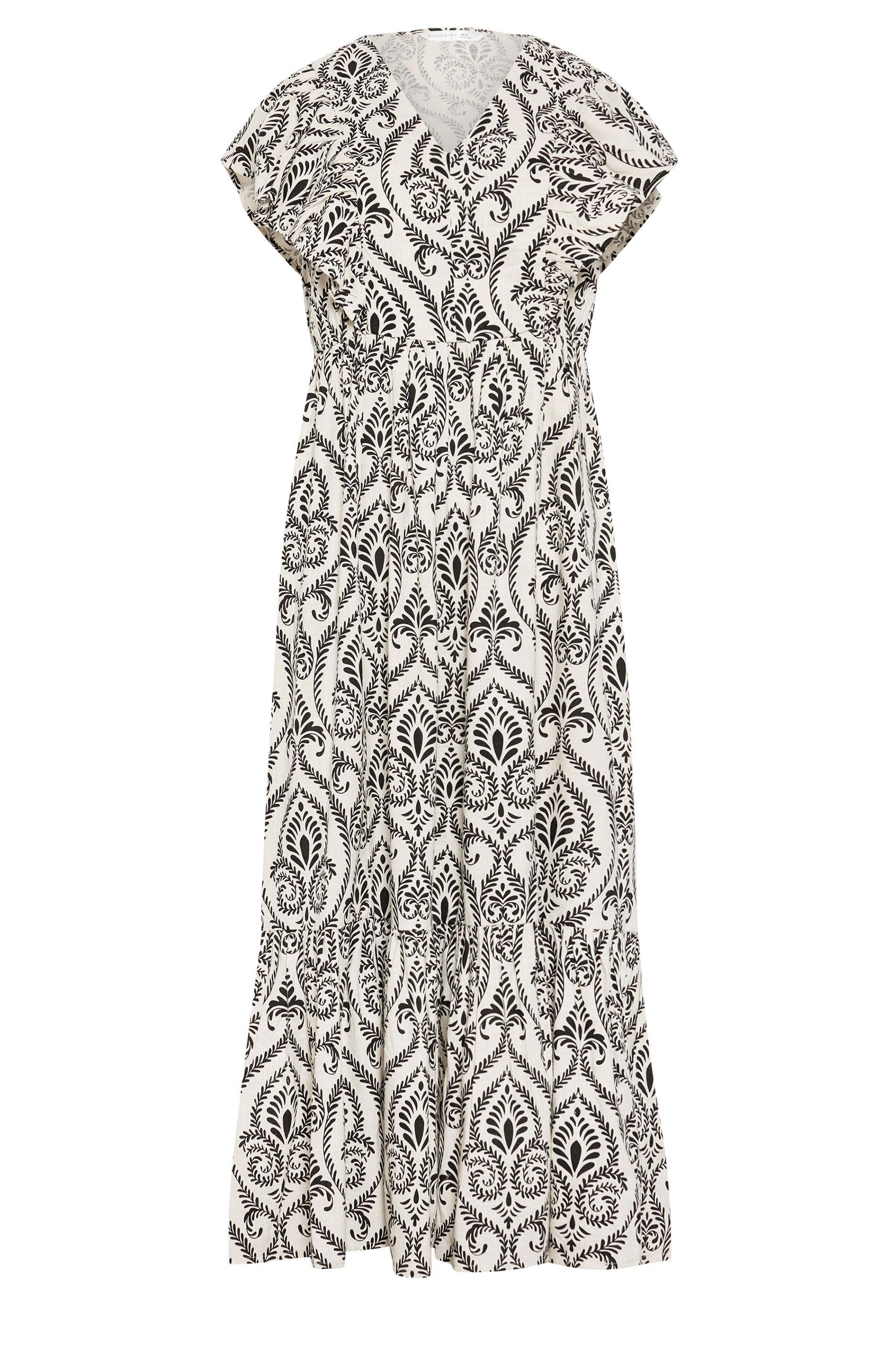 PixieGirl Petite Women's White Tile Print Tiered Maxi Dress | PixieGirl 6
