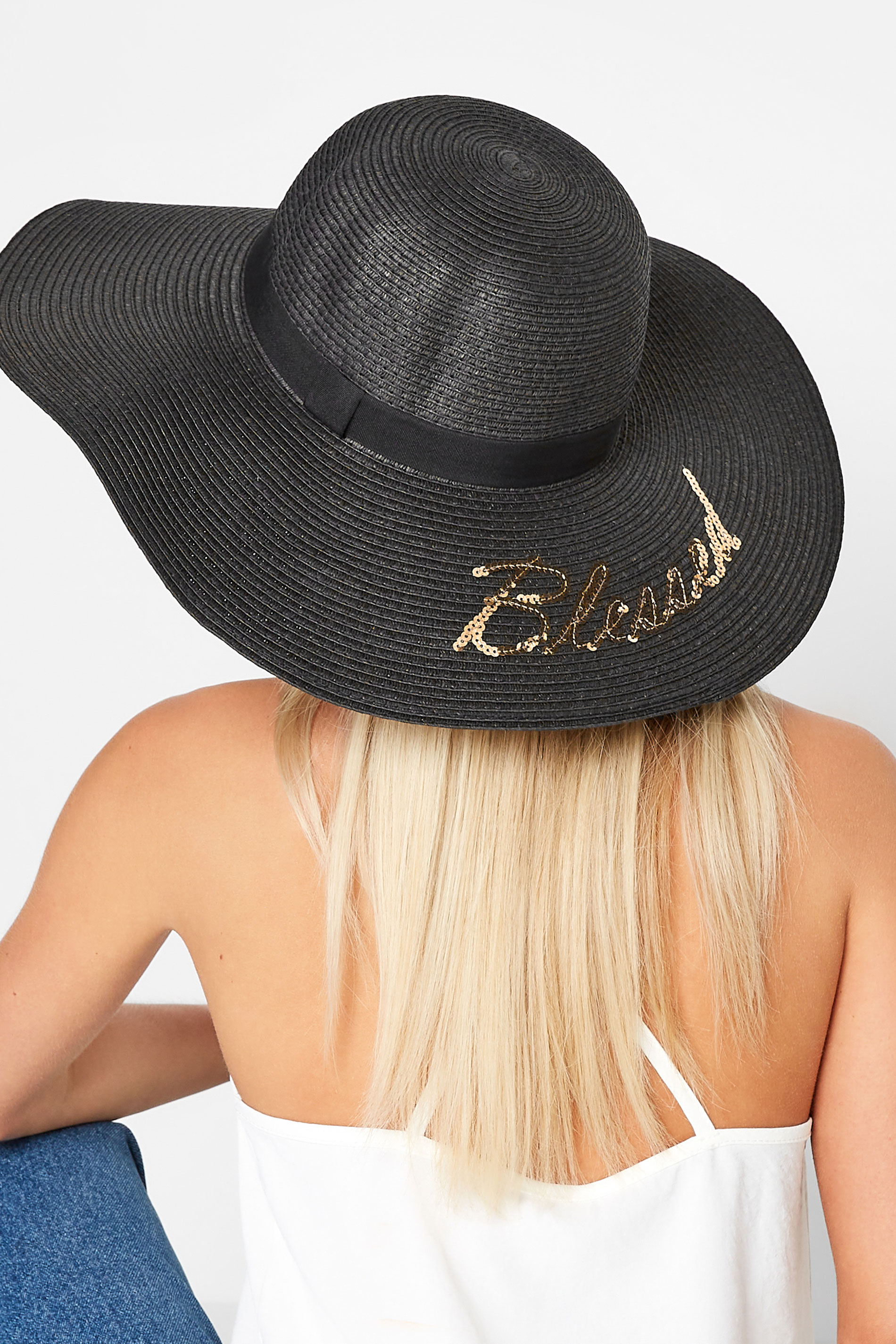 Black 'Blessed' Floppy Straw Hat | Yours Clothing 2