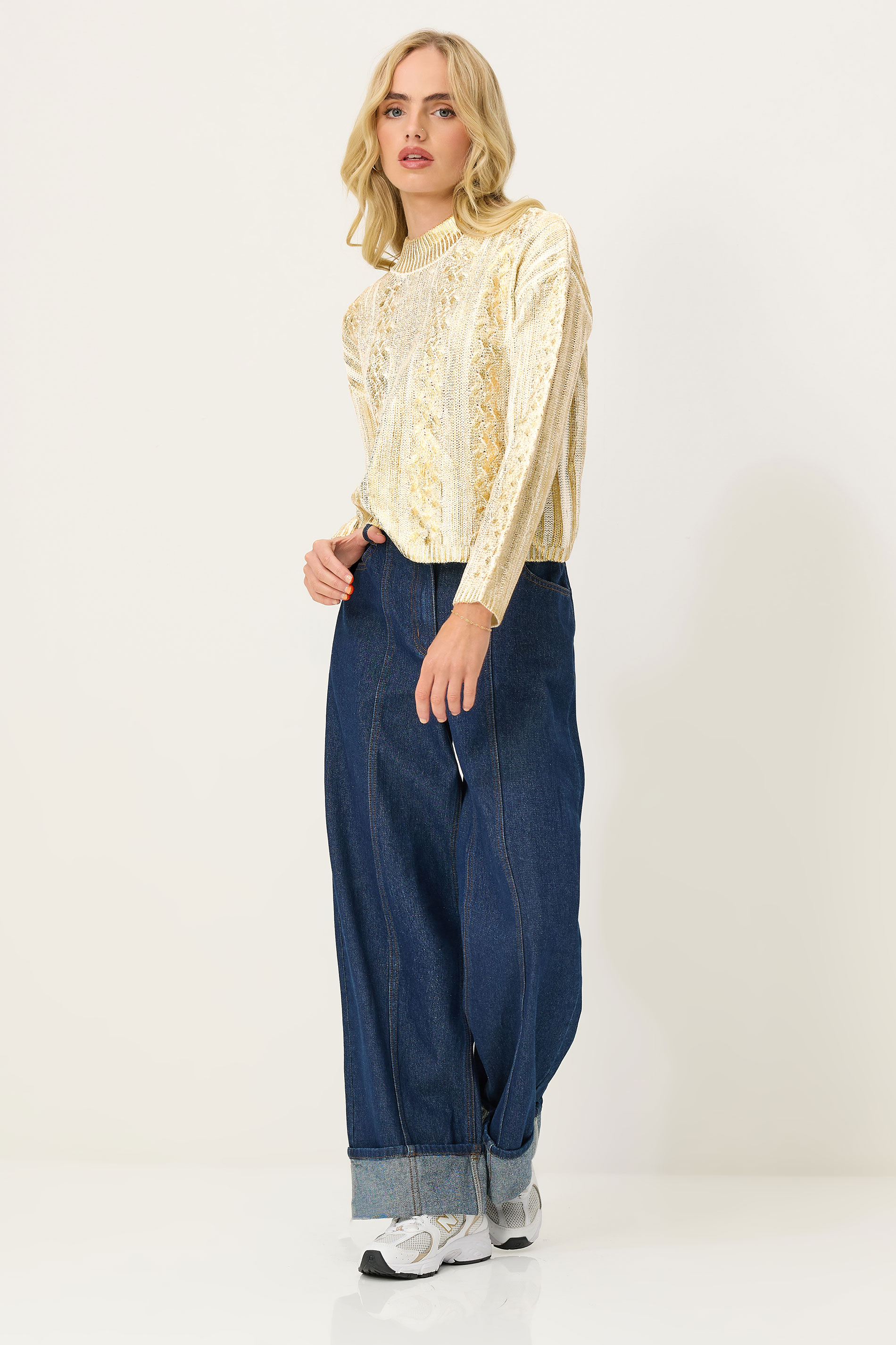 PixieGirl Petite Women's Gold Metallic Foil Cable Knit Jumper | PixieGirl 2