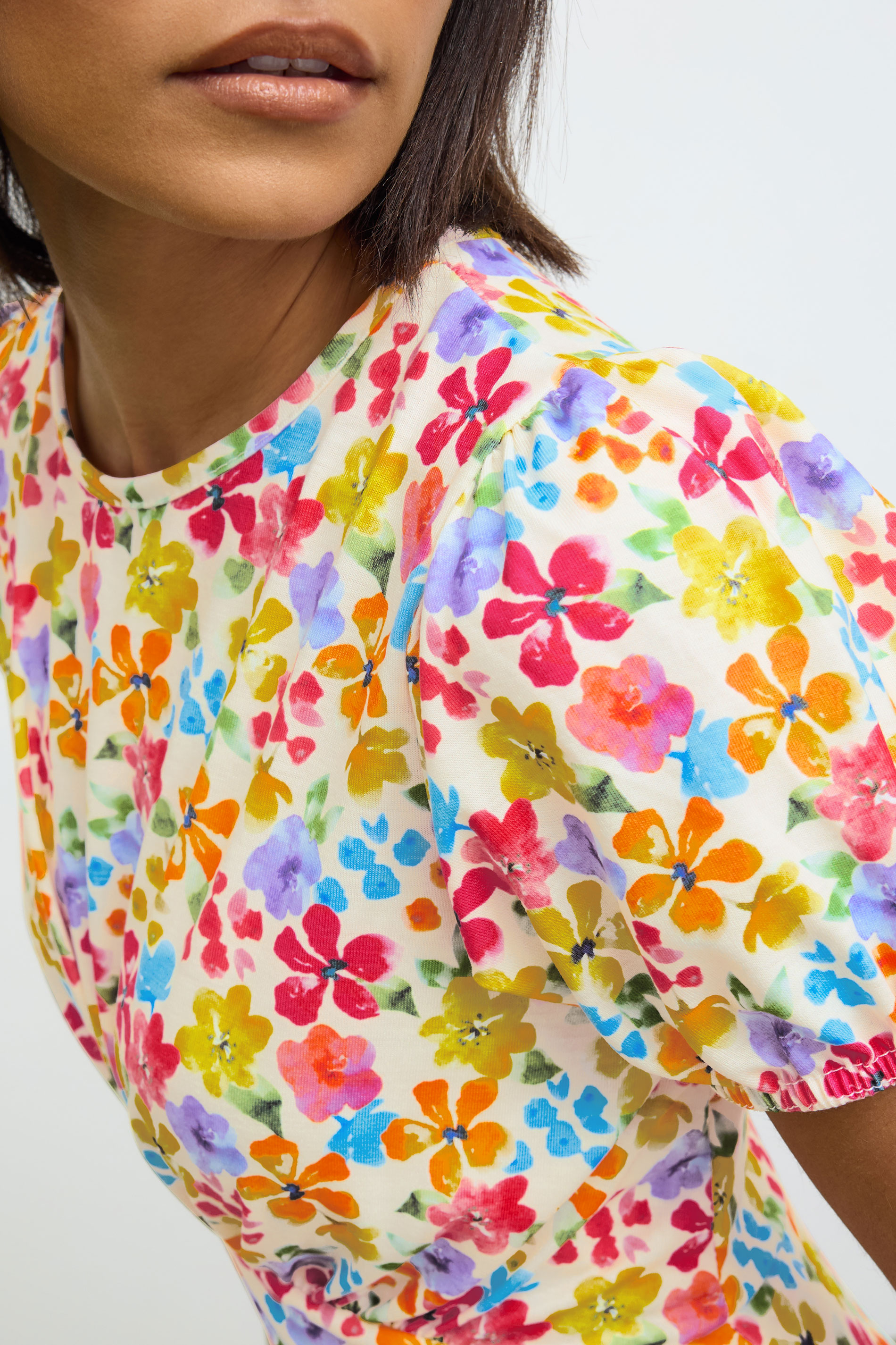 PixieGirl Petite Womens Pink & Yellow Floral Print Puff Sleeve Midi Dress | PixieGirl 4