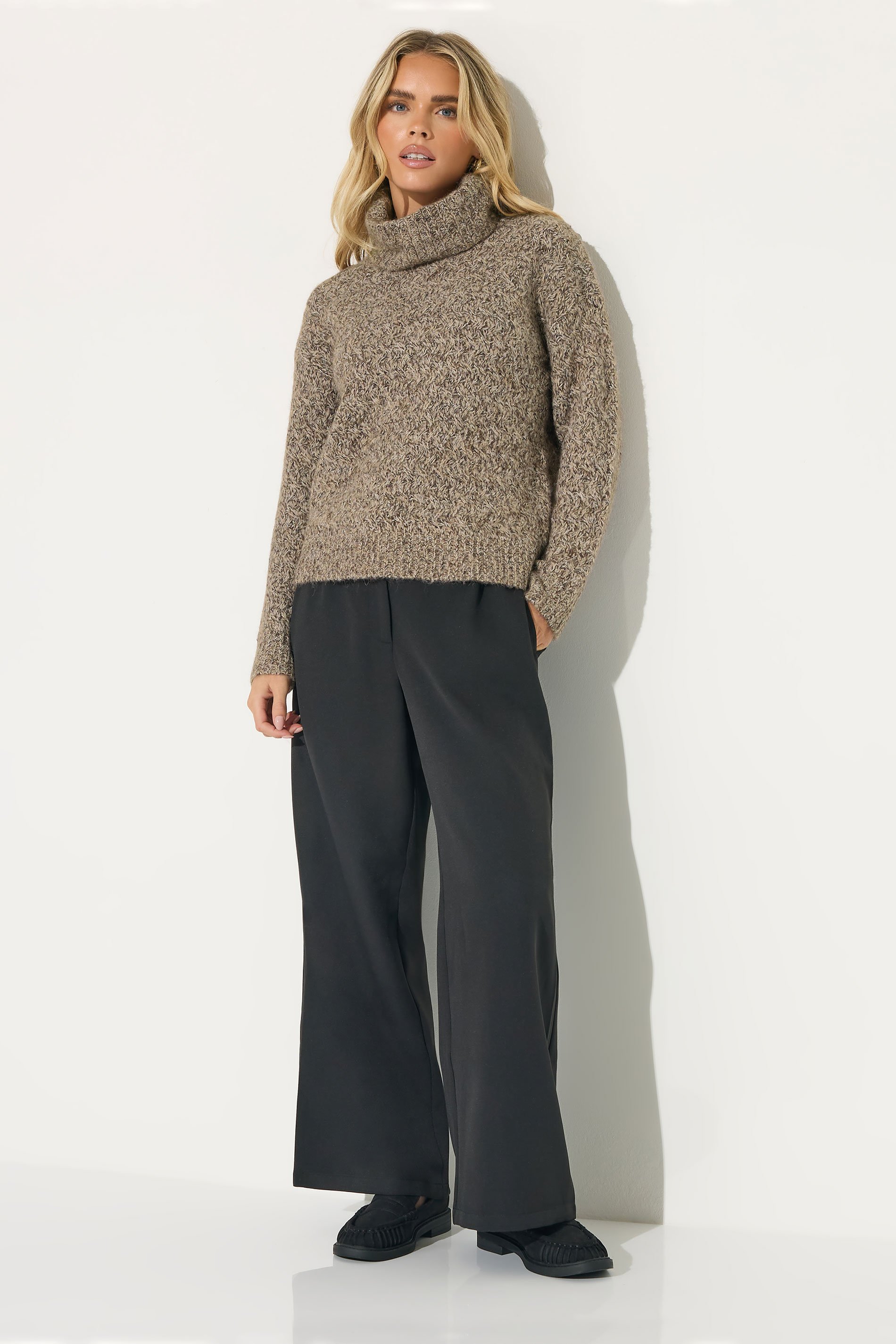 PixieGirl Petite Women's Beige Brown Chunky Roll Neck Jumper | PixieGirl 2