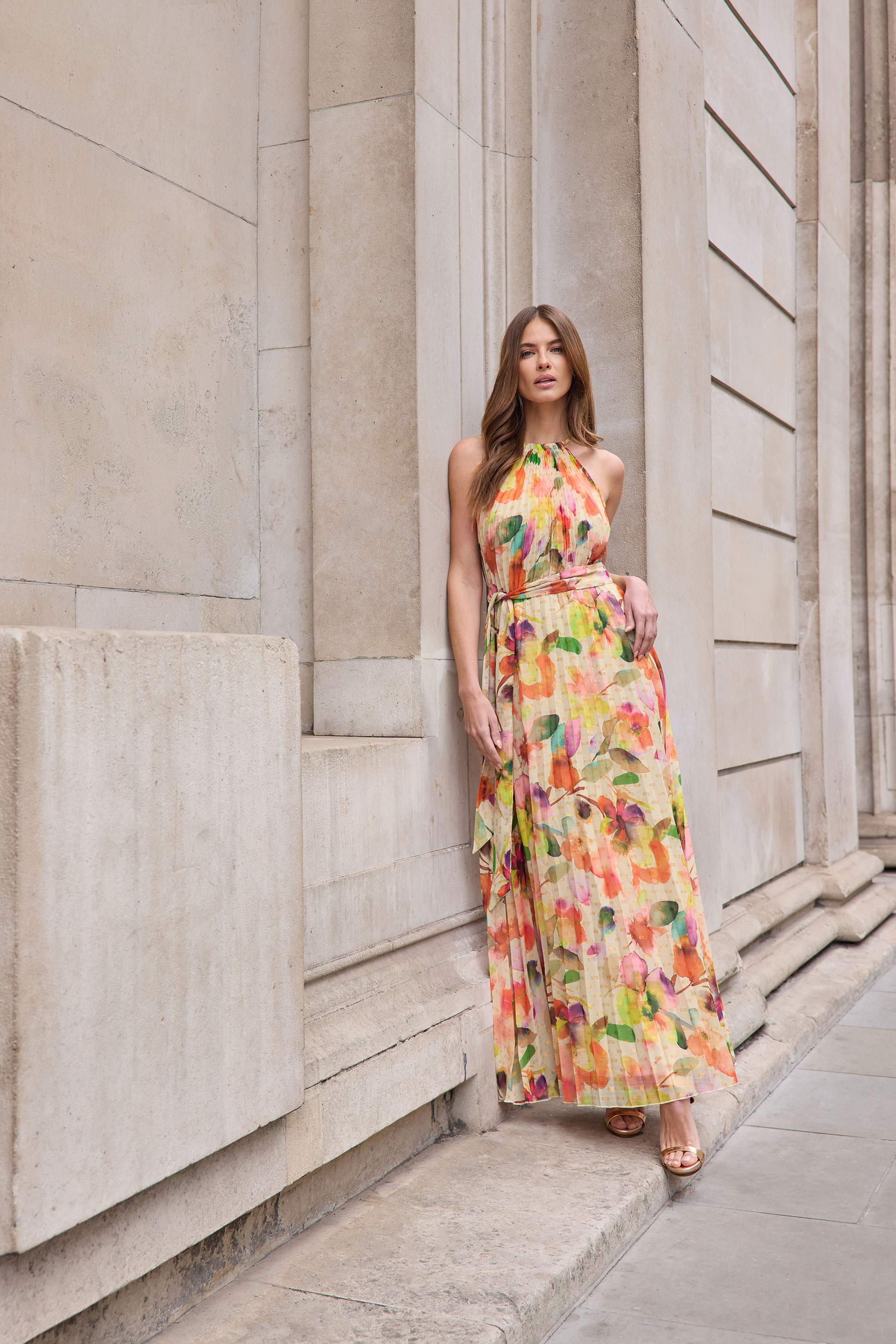 STAR Orange Abstract Pleated Halter Neck Maxi Dress | StarByJM 1