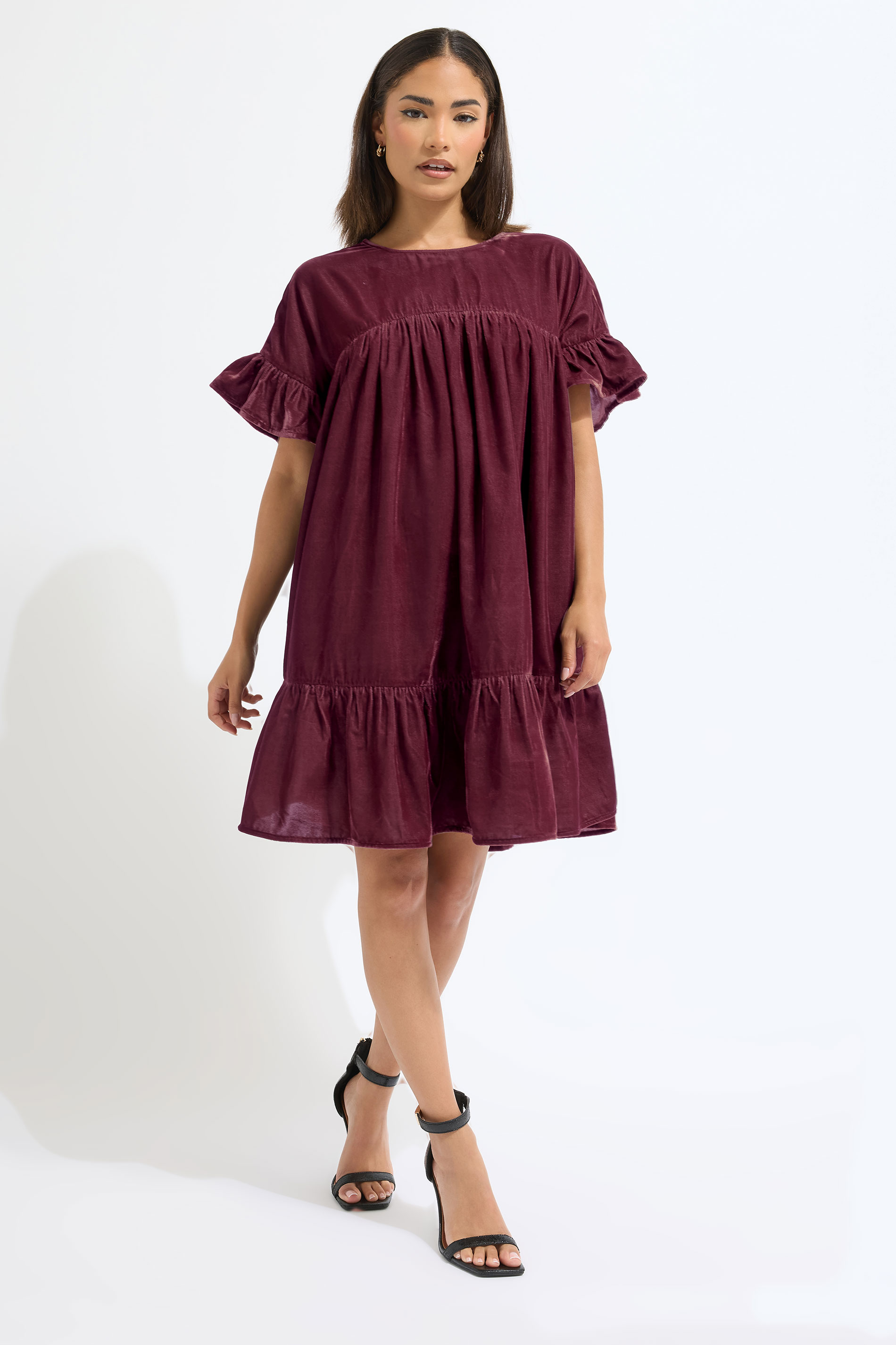PixieGirl Petite Women's Burgundy Red Velvet Frill Smock Mini Dress | PixieGirl 3