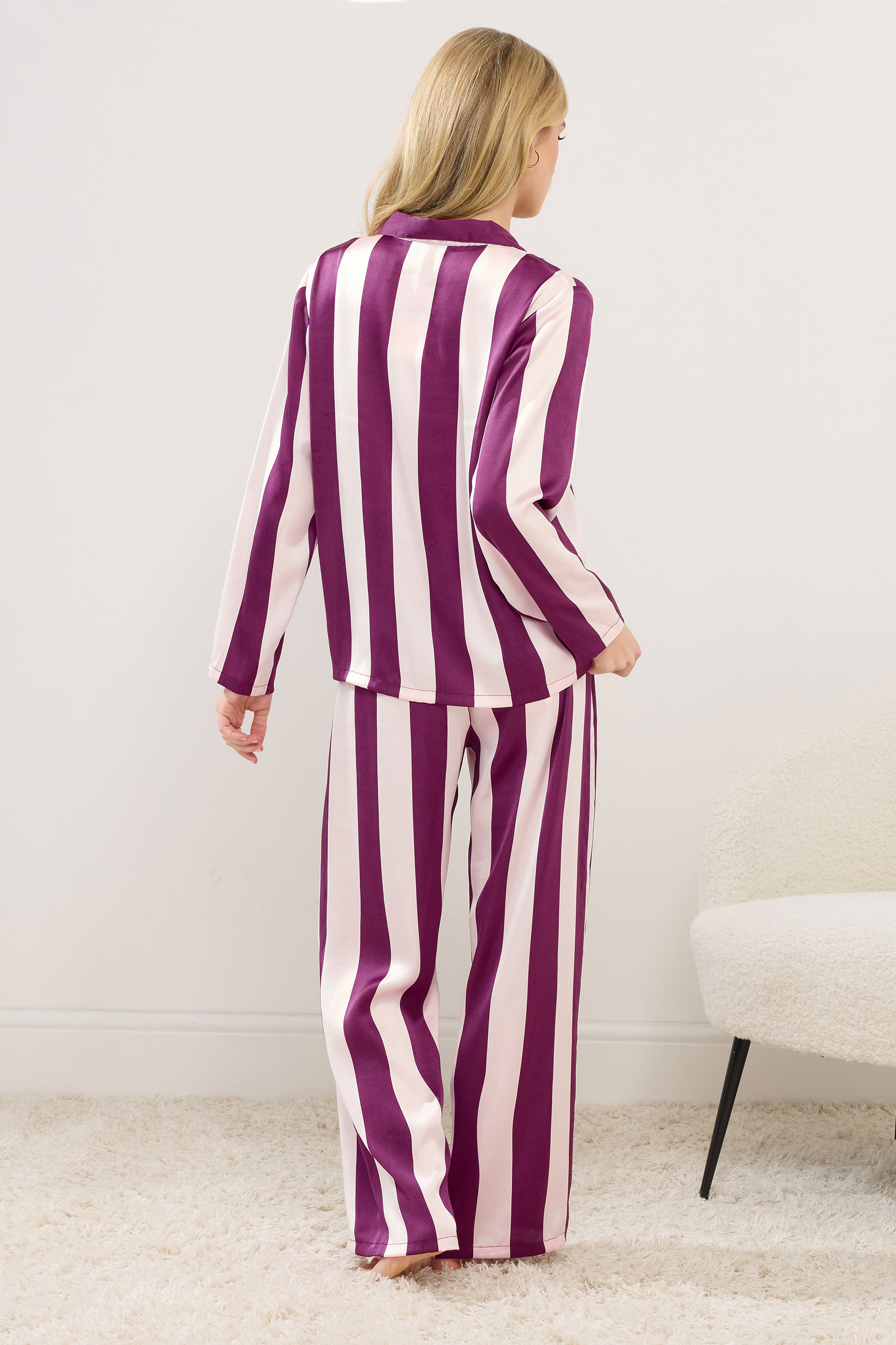 PixieGirl Petite Women's Pink & Purple Stripe Satin Button Pyjama Set | PixieGirl 3