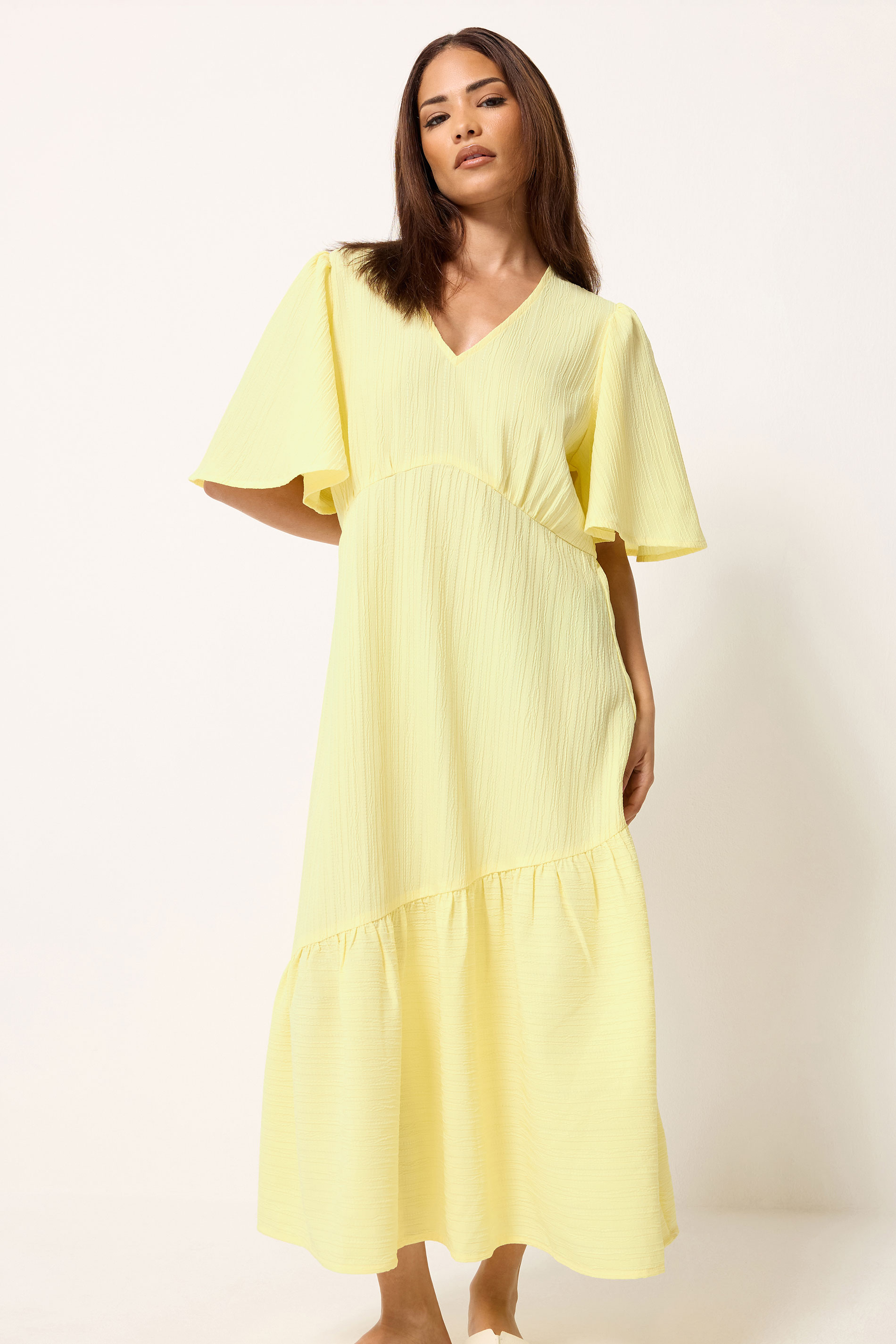 PixieGirl Petite Yellow Asymmetric Tiered Midi Dress | PixieGirl 1