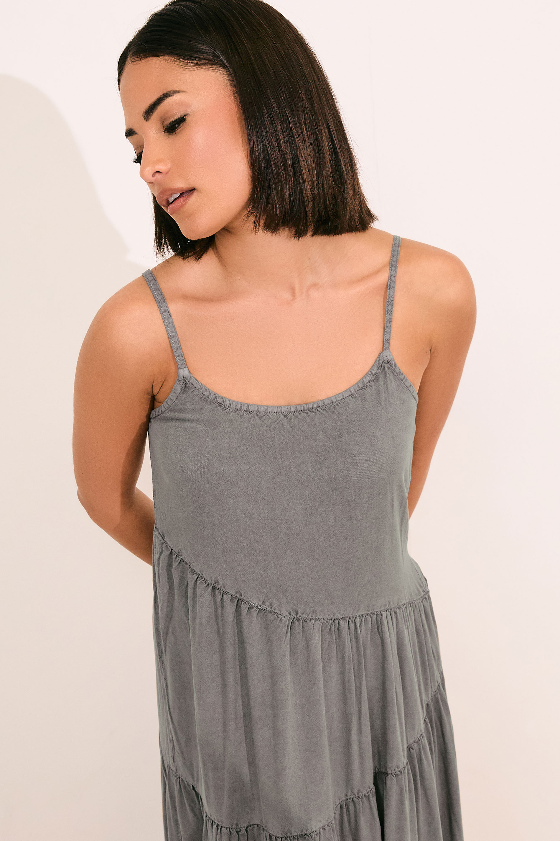 PixieGirl Petite Women's Grey Acid Wash Asymmetric Tiered Maxi Dress | PixieGirl 4