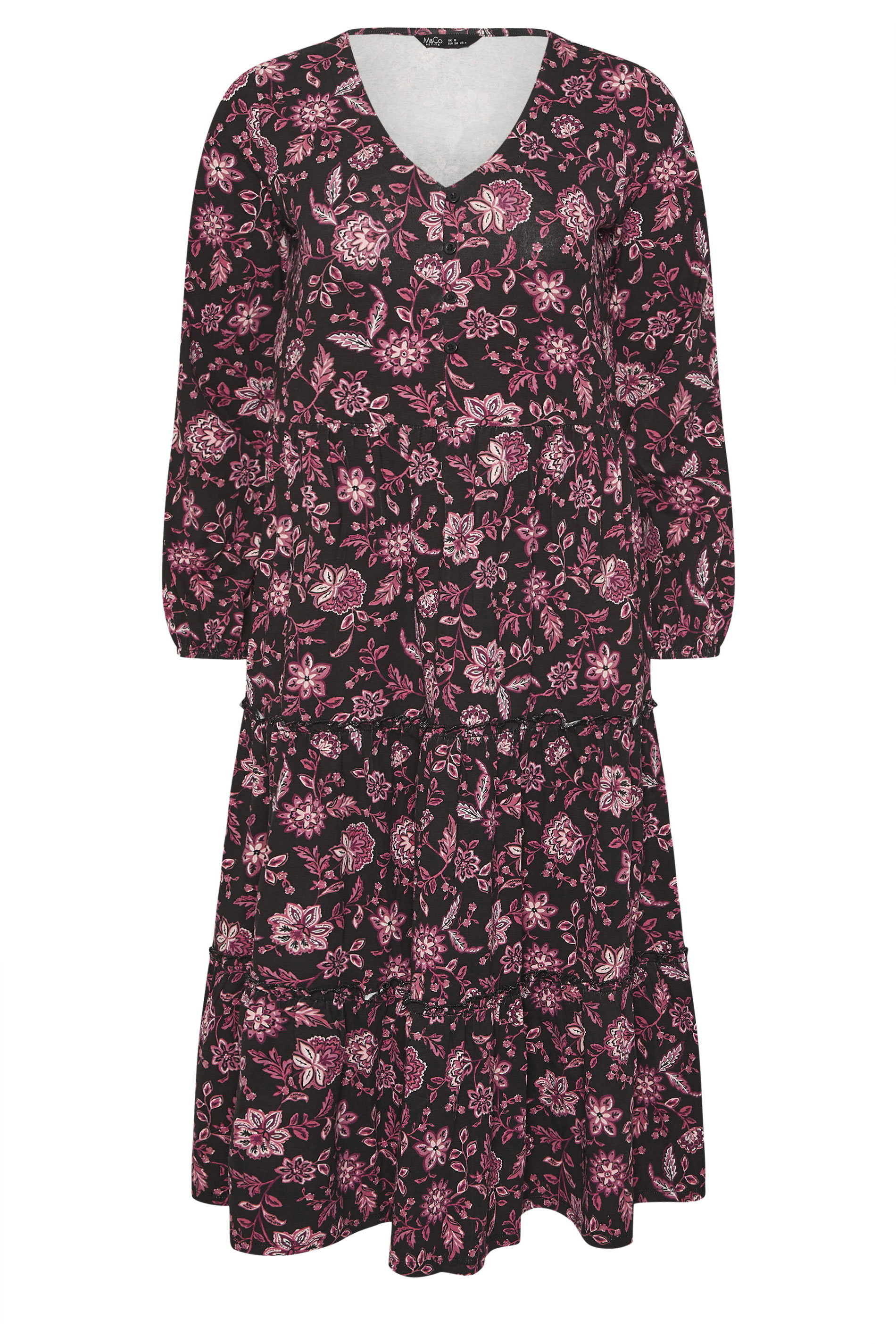 M&Co Petite Black Floral Tiered Midi Dress | M&Co 5