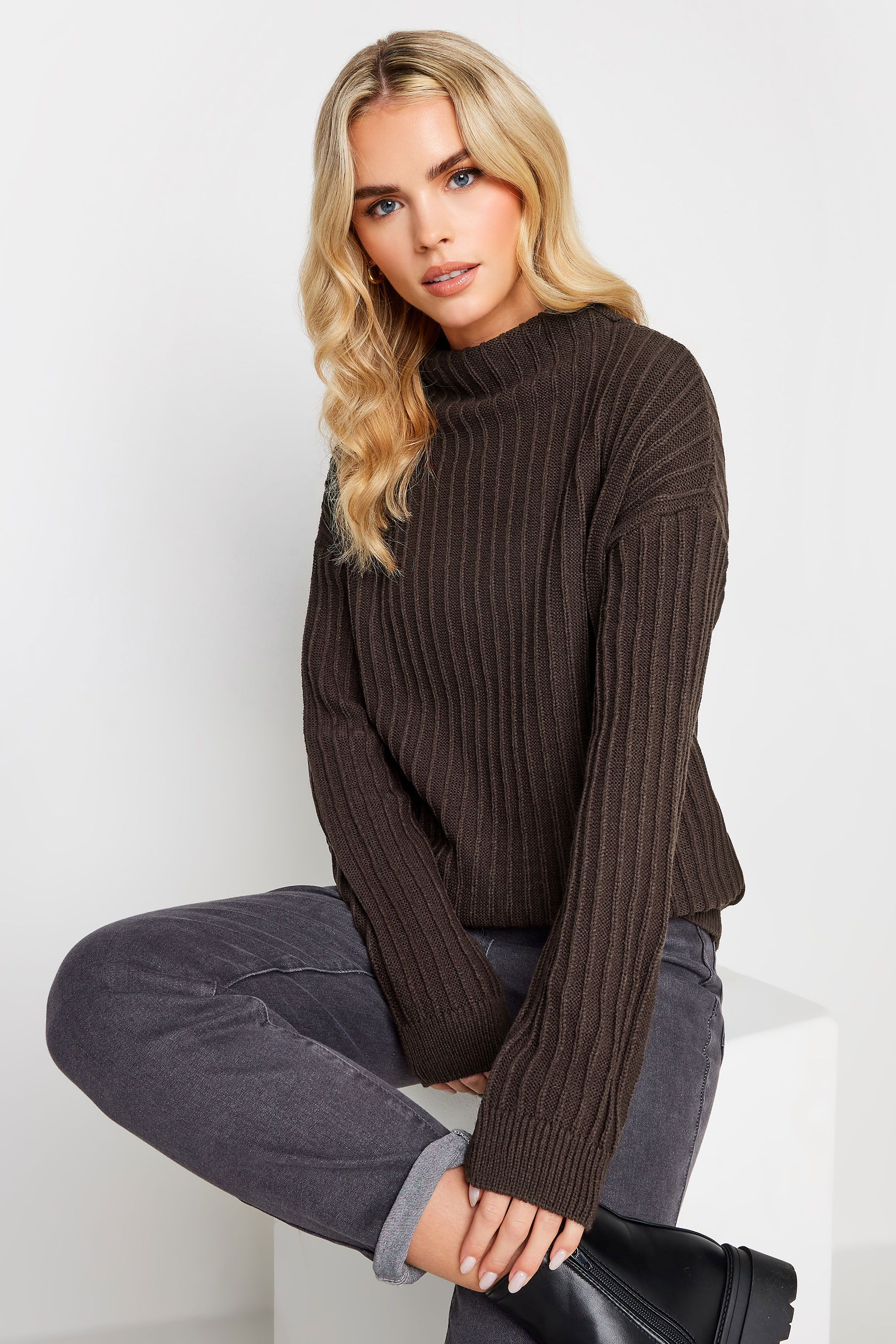 PixieGirl Brown Funnel Neck Ribbed Jumper PixieGirl