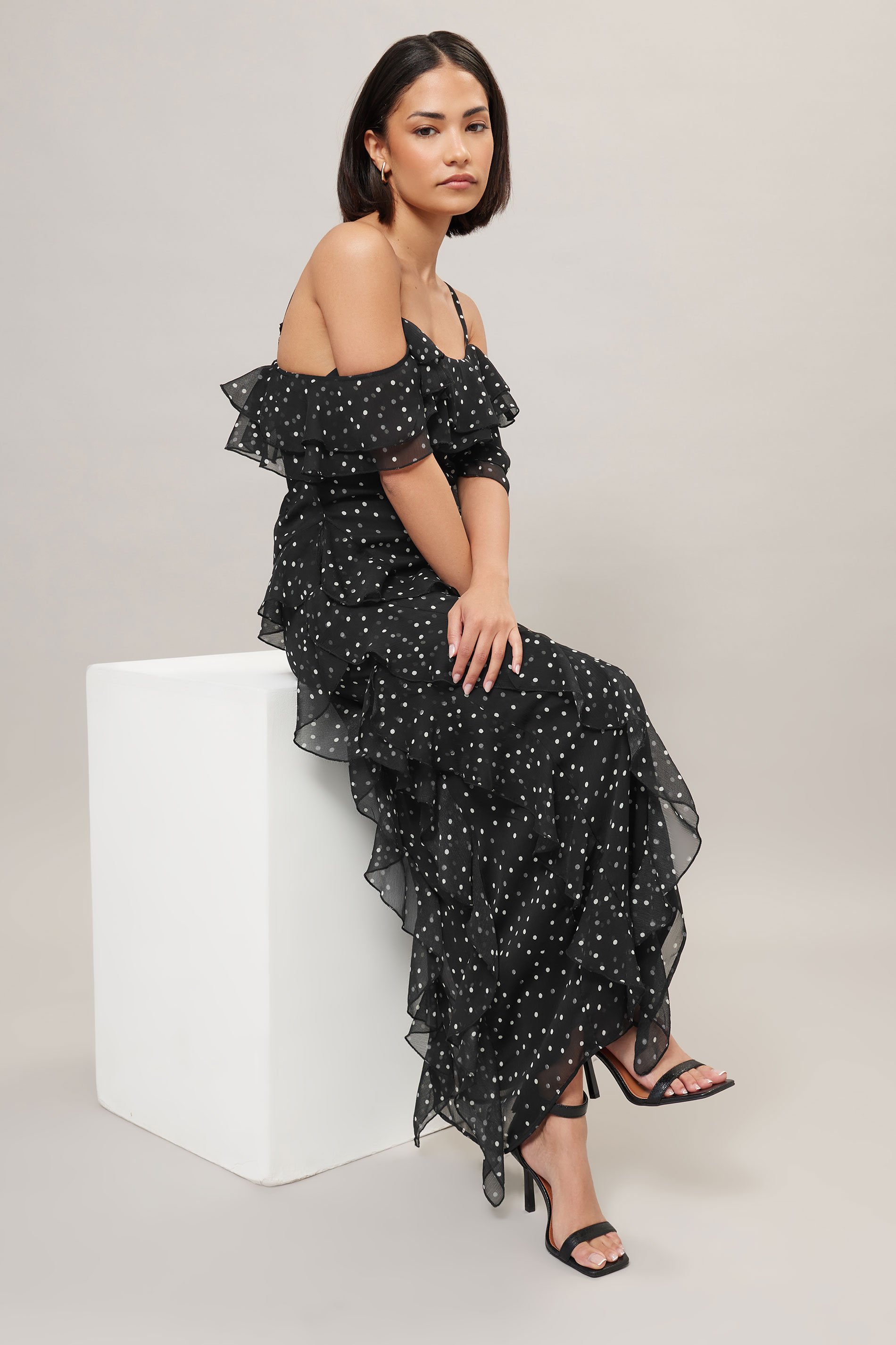 PixieGirl Petite Women's Black Chiffon Spot Ruffle Maxi Dress | PixieGirl 3