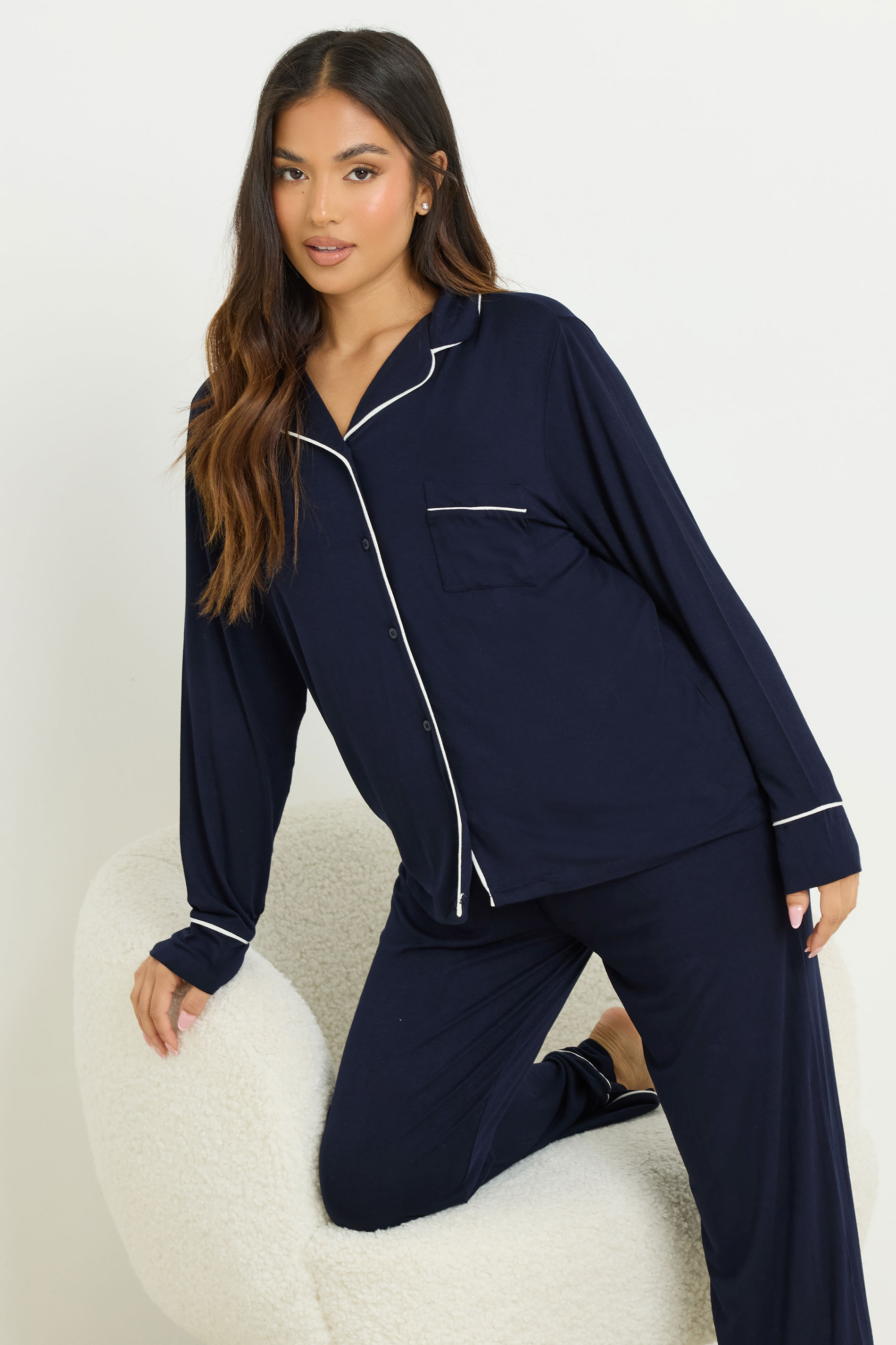 PixieGirl Petite Women's Navy Blue Piped Long Sleeve Jersey Pyjama Set | PixieGirl 1
