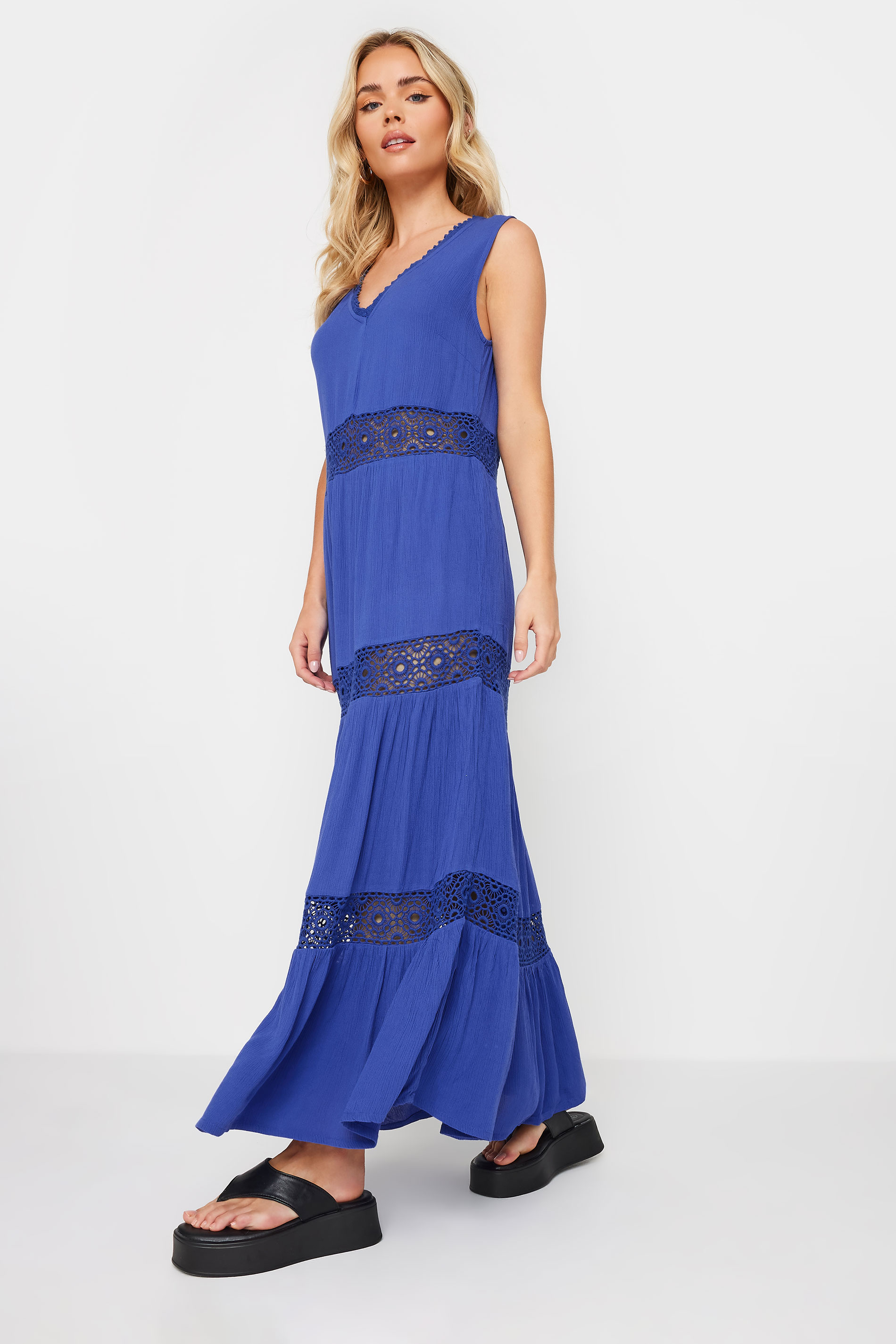 PixieGirl Petite Women's Blue Crochet Trim Tiered Maxi Dress | PixieGirl 3