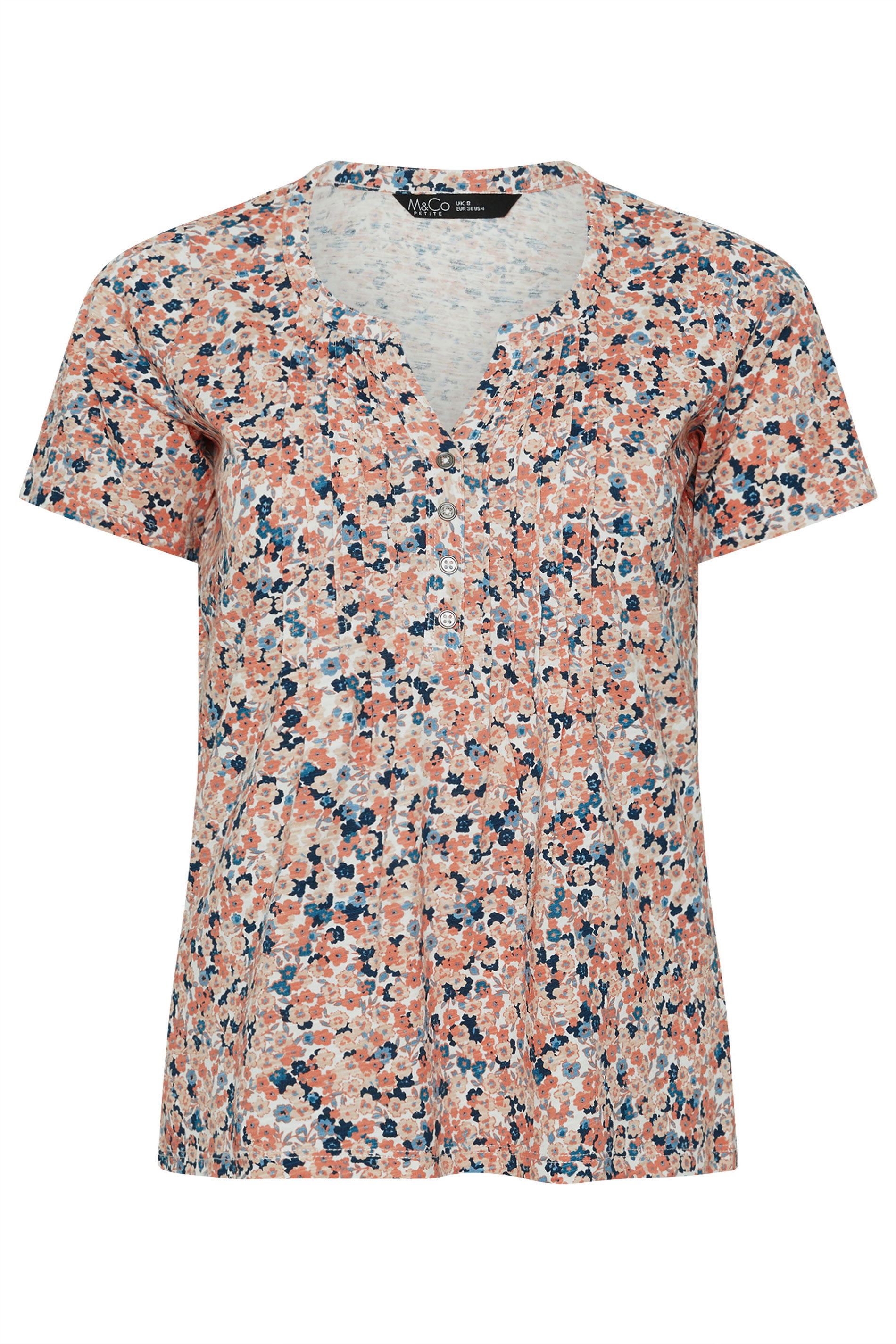 M&Co Petite Orange Ditsy Floral Cotton Henley Top | M&Co 5