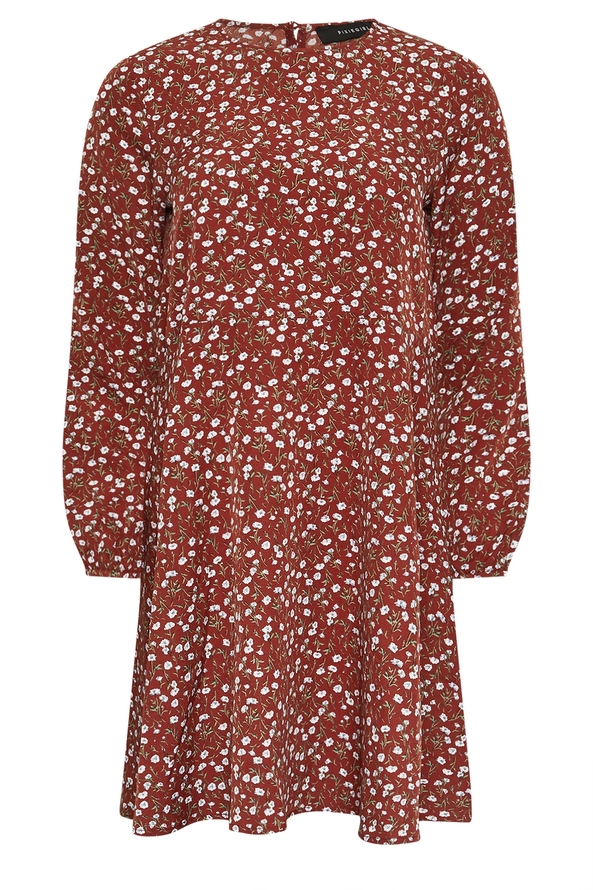 PixieGirl Petite Women's Rust Orange Floral Mini Dress | PixieGirl 5