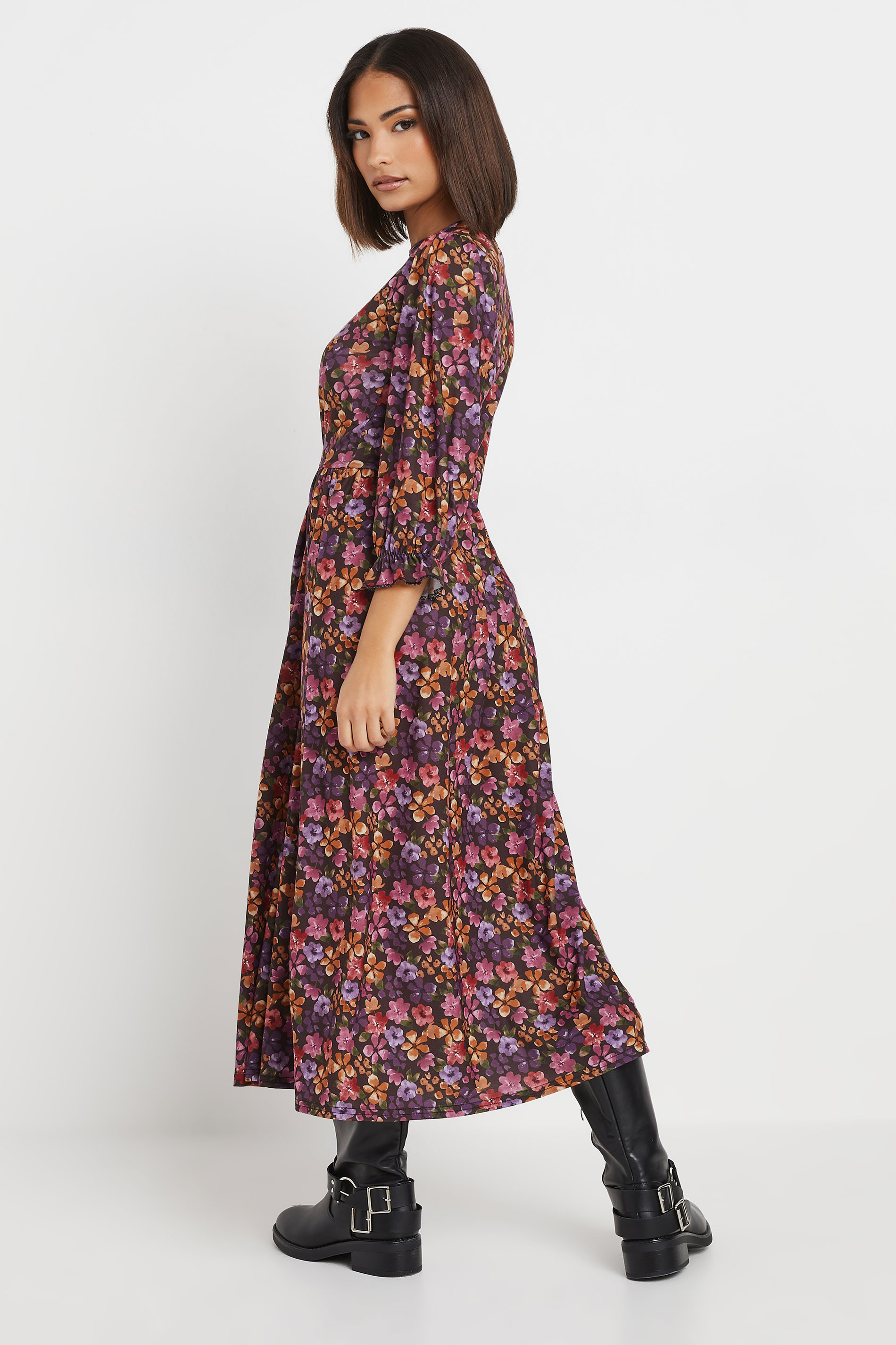 PixieGirl Petite Women's Purple Floral Print Midi Dress | PixieGirl 2
