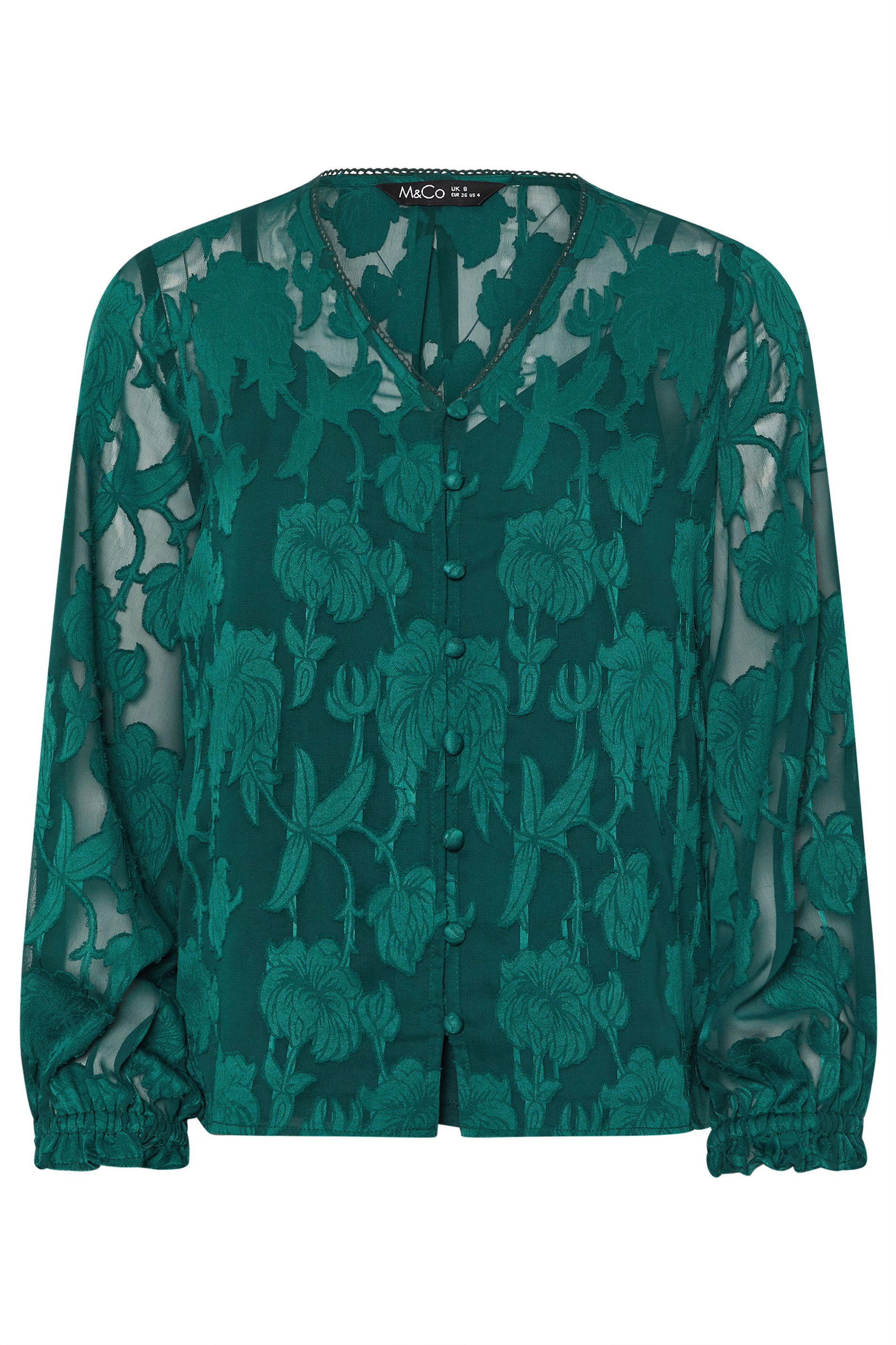 M&Co Petite Teal Green Floral Jacquard V-Neck Blouse | M&Co 7