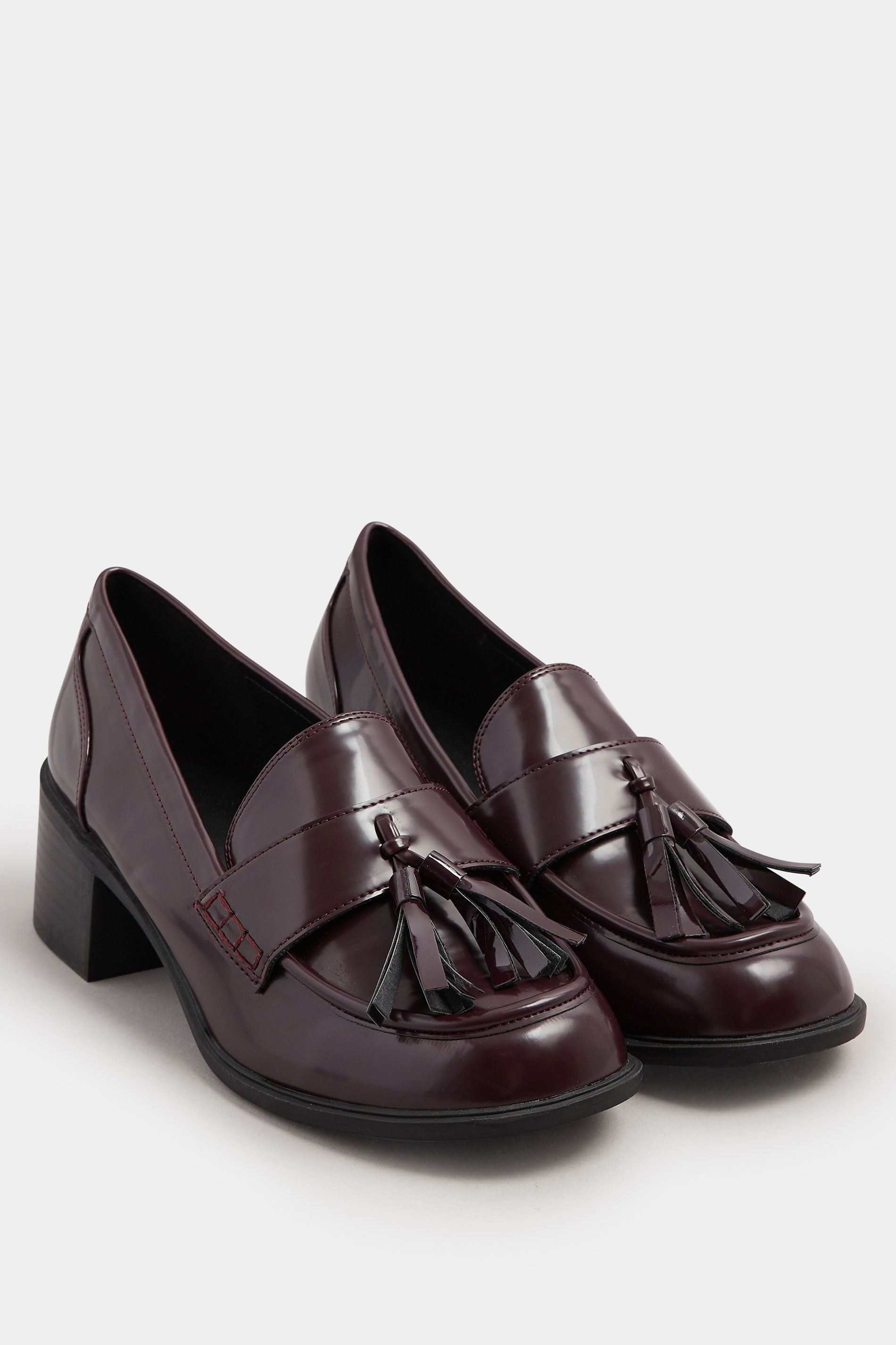 Burgundy Red Patent Heeled Tassel Loafers In Extra Wide EEE Fit | Yours Clothing 3