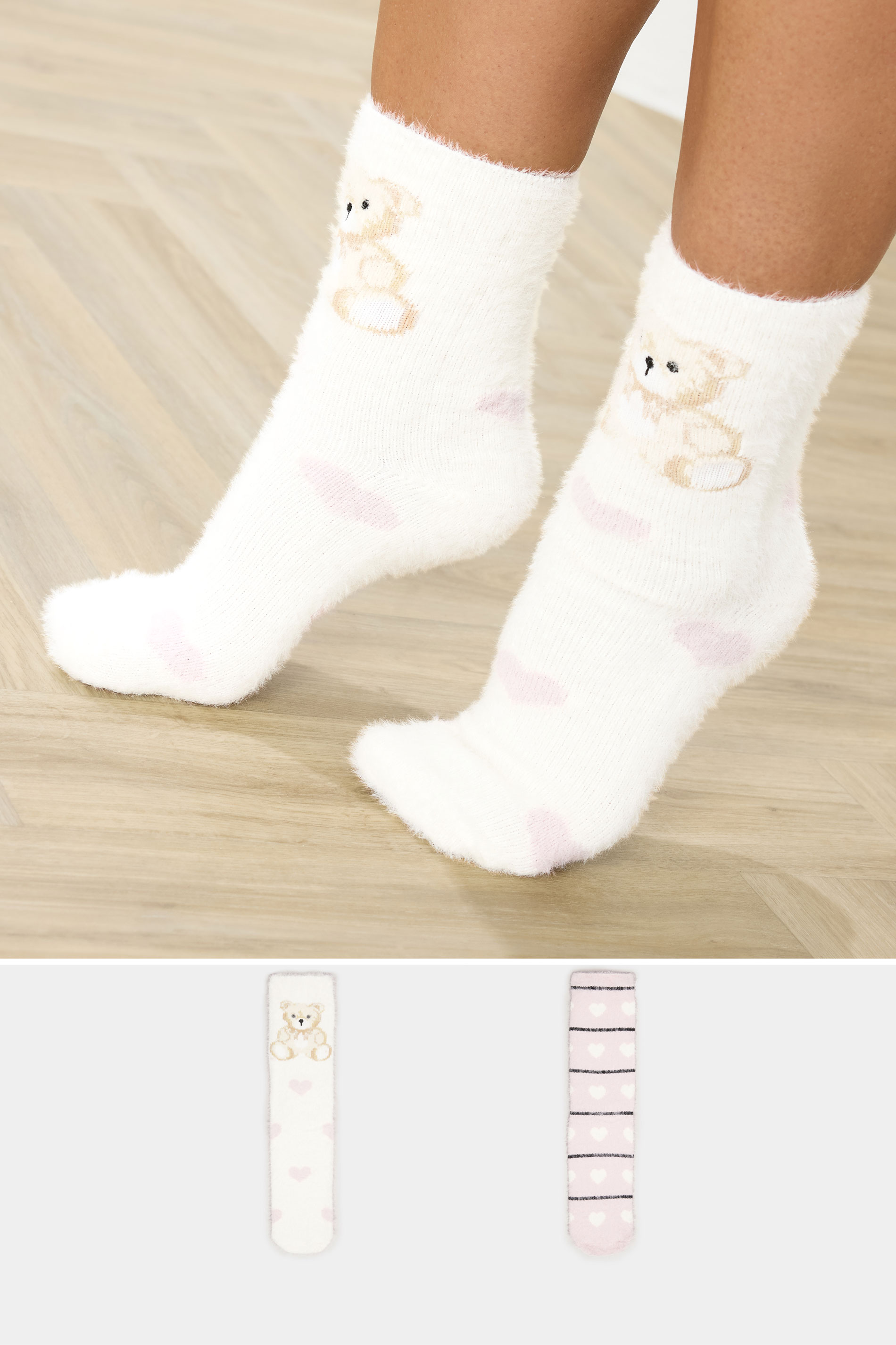 YOURS 2 PACK Curve White & Pink Teddy Bear Fluffy Bed Socks | Yours Clothing 1