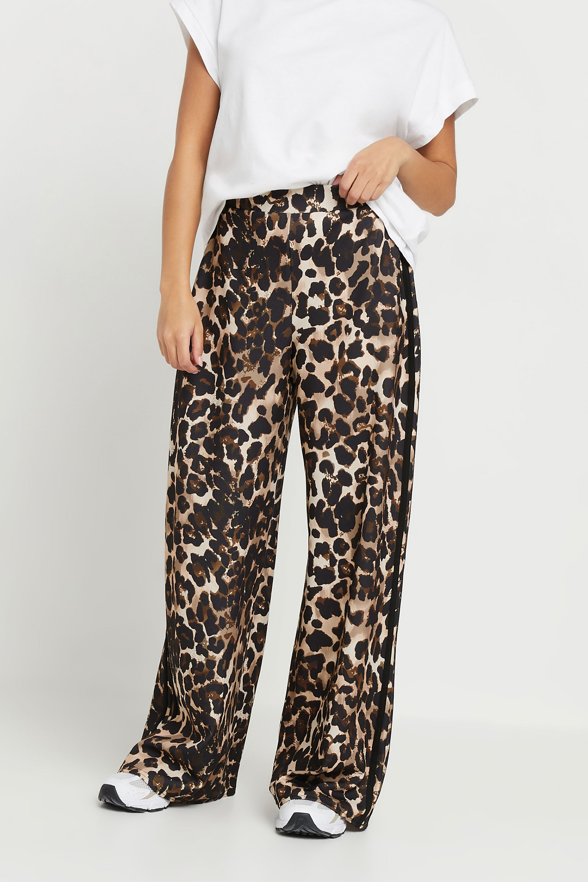 PixieGirl Petite Women's Beige Brown Leopard Print Side Stripe Trousers | PixieGirl 2