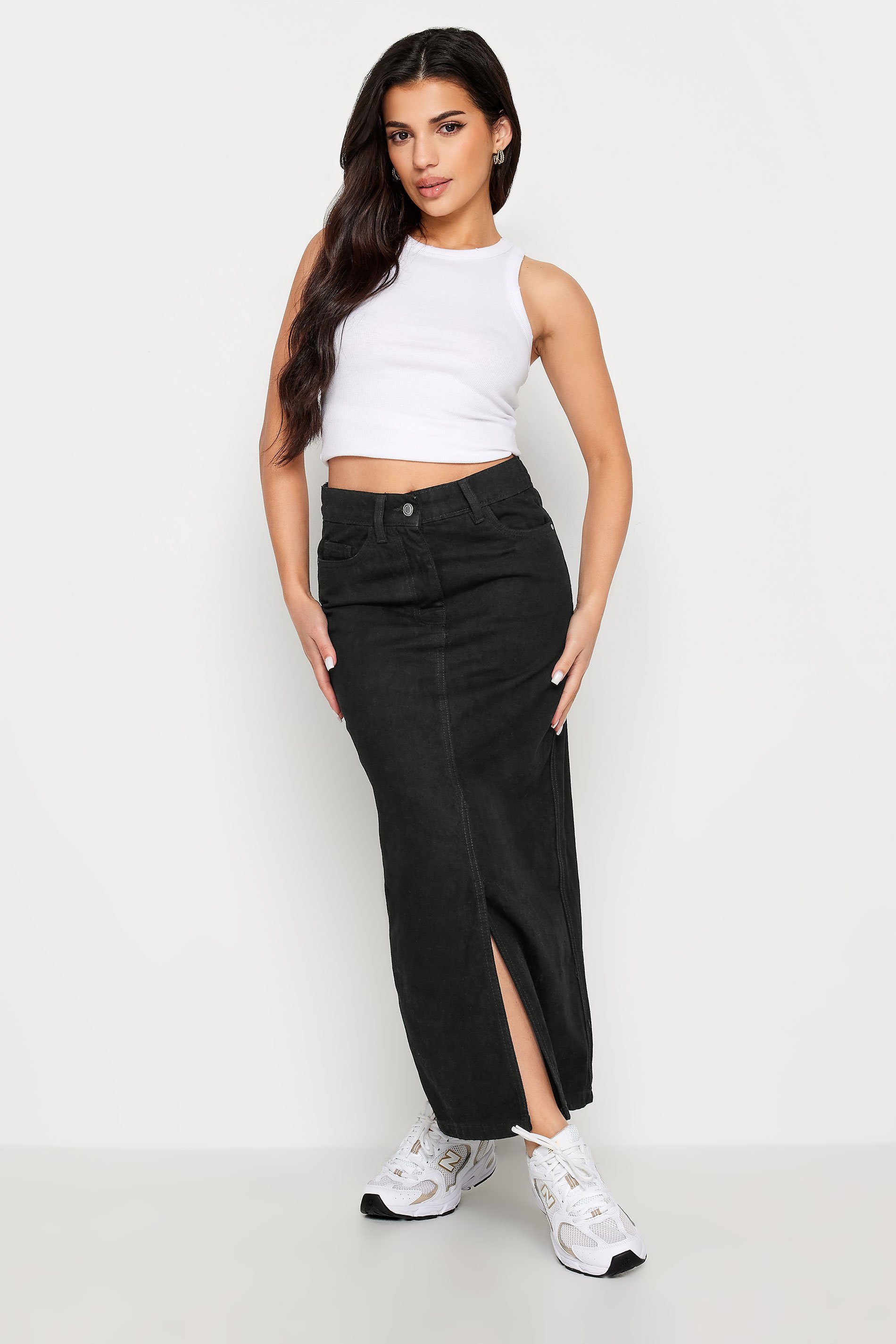 PixieGirl Petite Womens Black Denim Split Maxi Skirt | PixieGirl  1